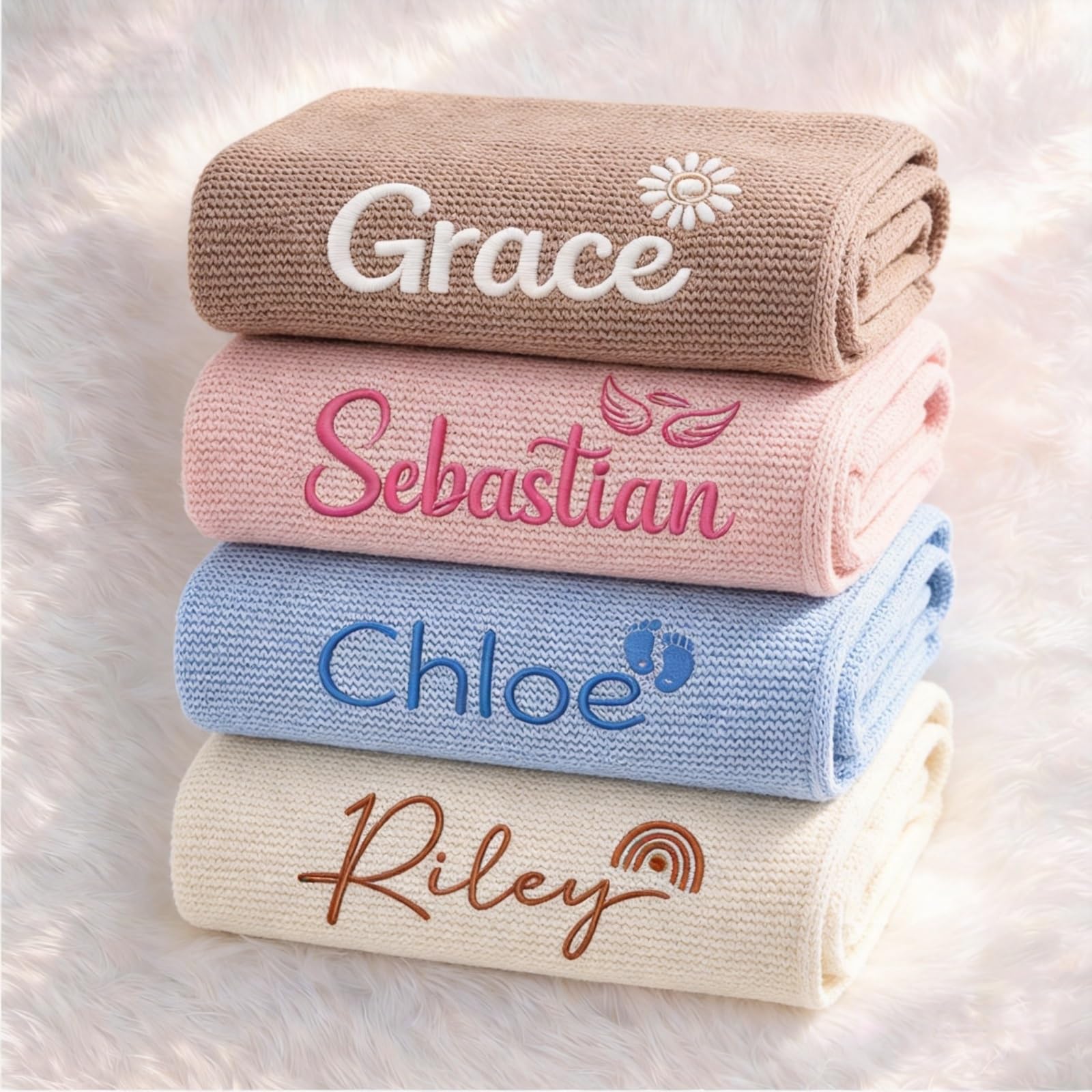 ZZTINGC Personalized Knit Baby Blanket, Custom Embroidered Name Cotton Blanket For Toddler Stroller & Nursery Decorations, Newborn Keepsake