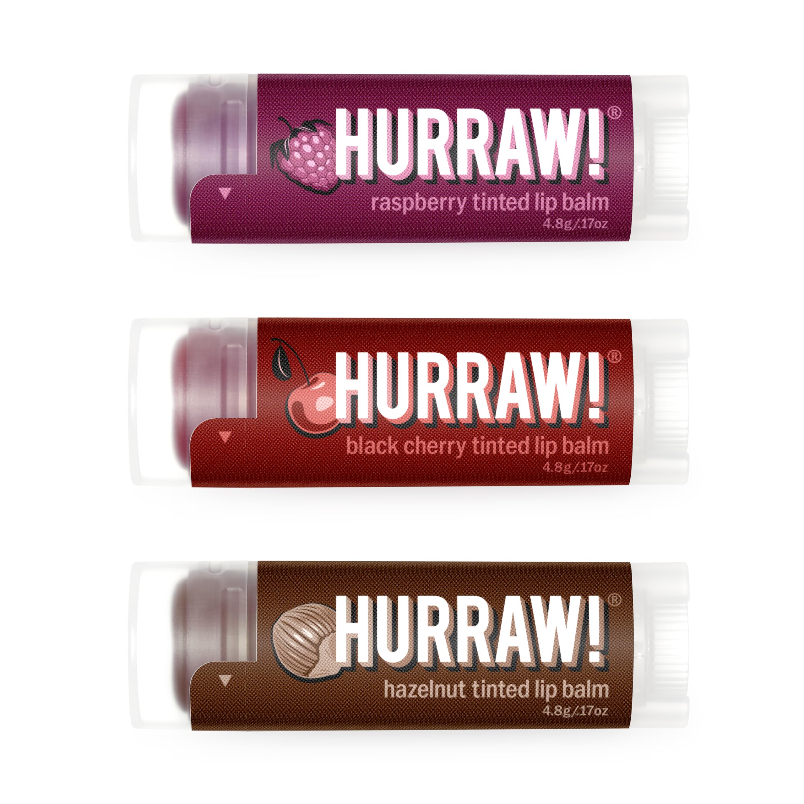 Hurraw! Raspberry Tinted, Black Cherry Tinted, Hazelnut Tinted Lip Balms, 3 Pack Bundle: Organic, Certified Vegan, Cruelty & Gluten Free. Non-GMO, 100% Natural. Bee, Shea, Soy & Palm Free. Made in USA