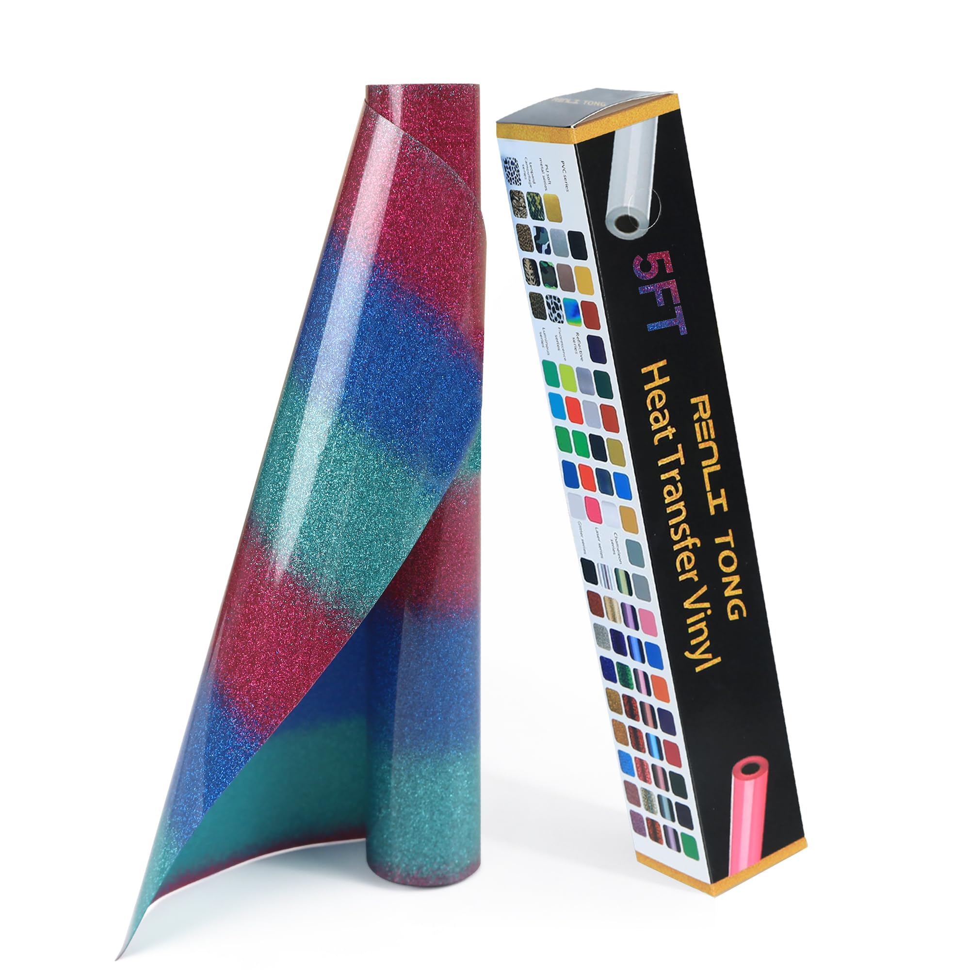 RENLITONG Rainbow Glitter Iron on Vinyl - 12Inch by 5ft Roll HTV Heat Transfer Vinyl for T-Shirt HTV Rolls for All Cutter Machine - Easy to Cut &amp; Weed for Heat Transfer Design (J016)