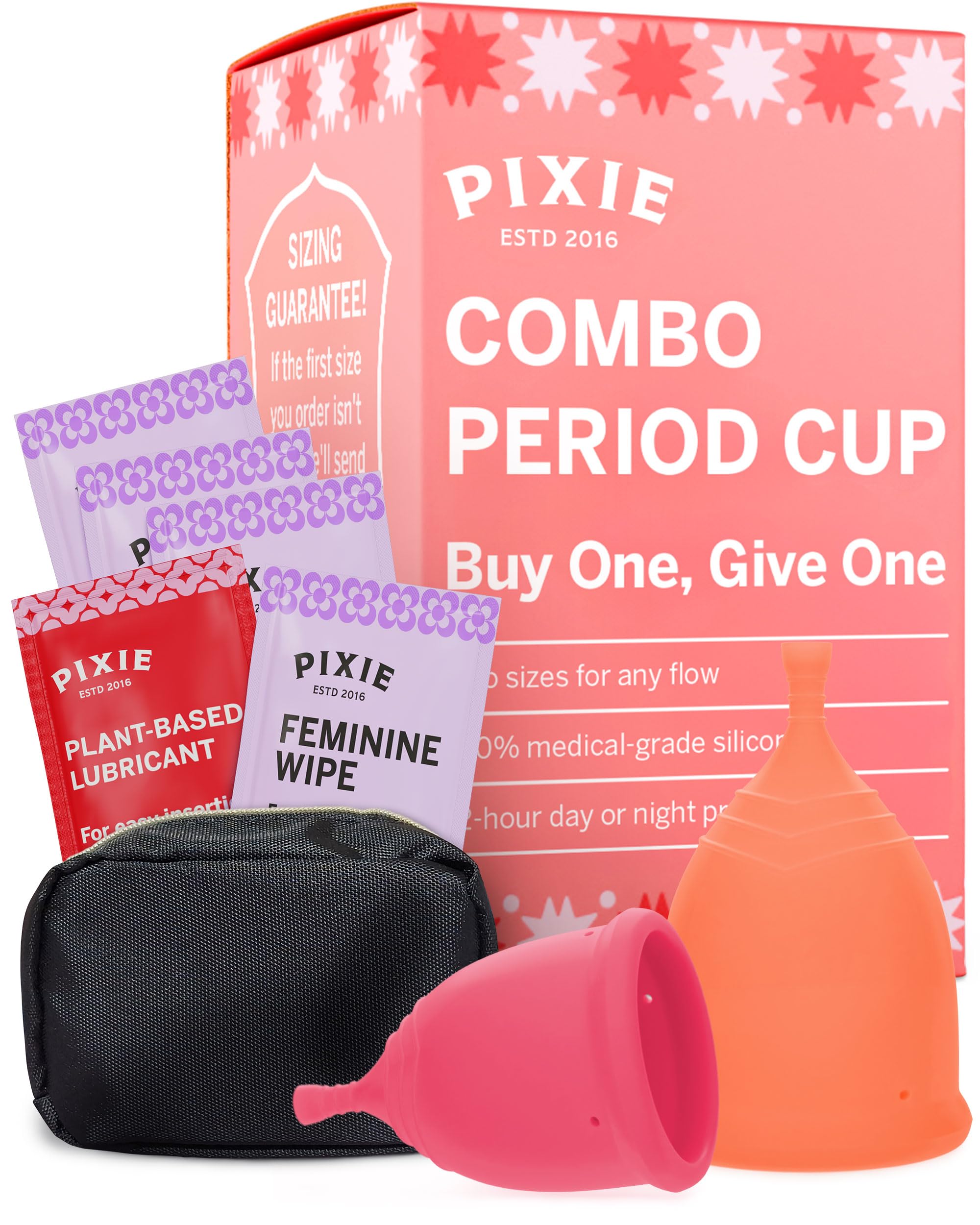 Pixie Cup 2 Menstrual Cups - Ranked 1 for Most Comfortable Soft Reusable Period Cups - Wear for 12 Hours - Reduces Cramps - Lasts 10 years - Tampon and Pad Alternative - Buy One We Give One