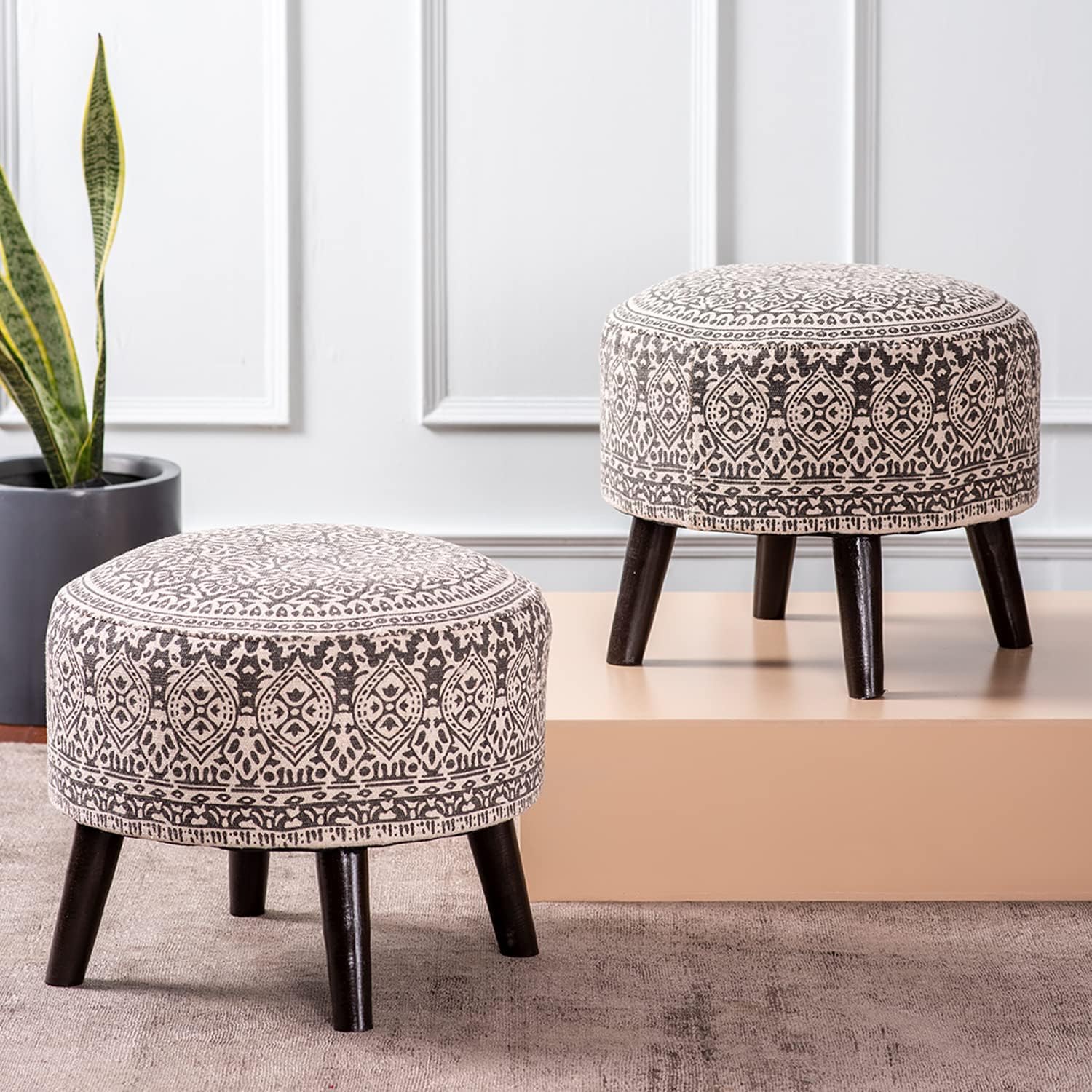 nestroots Set of 2 Wooden Ottoman Stools for Living Room | Printed Pouffes for Sitting, Footrest with 4 Wooden Legs | 14 Inch Height, Grey | Stylish & Comfortable Furniture for Home Decor