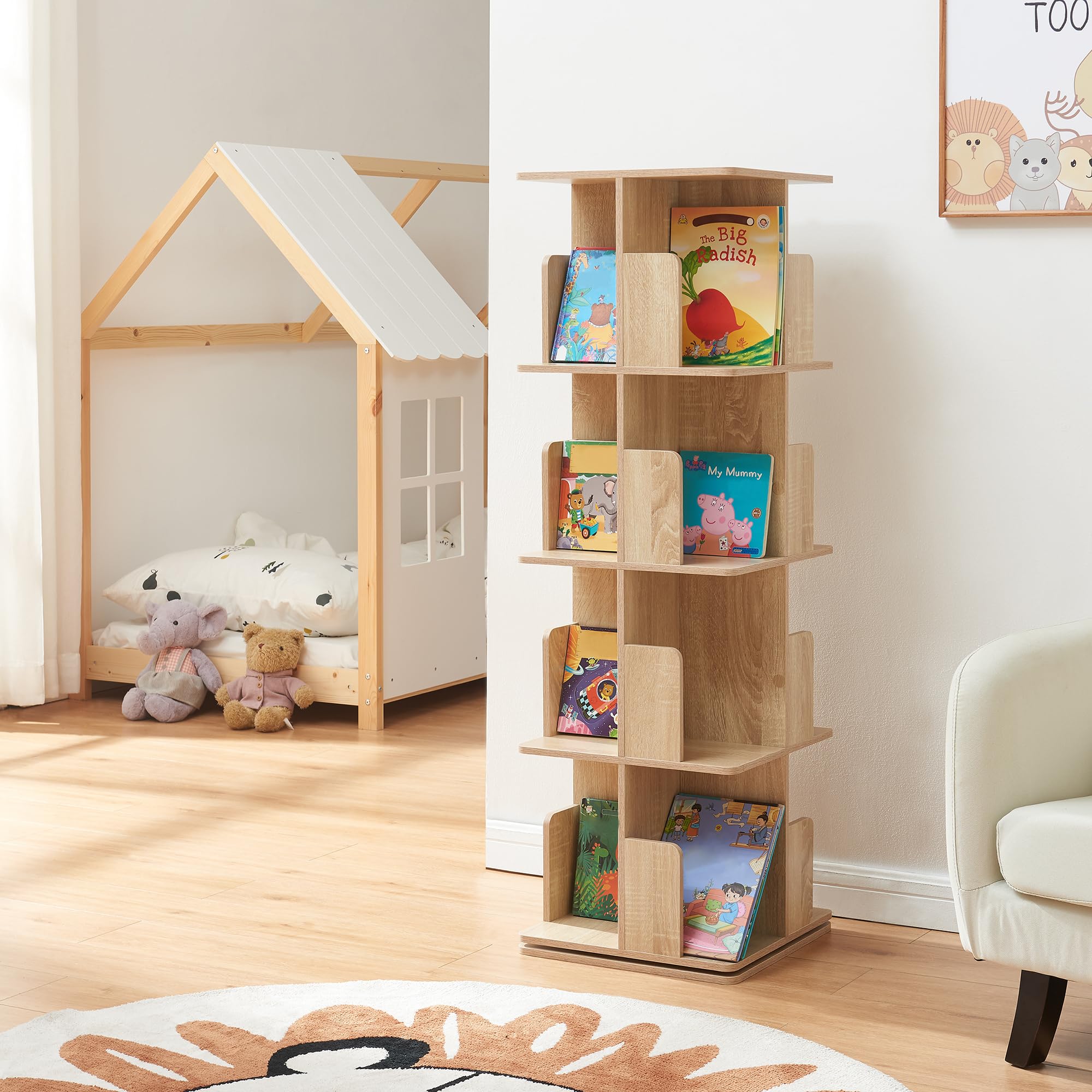 [en.casa] Libreria Girevole per Cameretta Scaffale Rotante per Bambini con 4 Livelli Mobile Porta Libri Salvaspazio 129 x 40 x 40 cm Effetto Rovere
