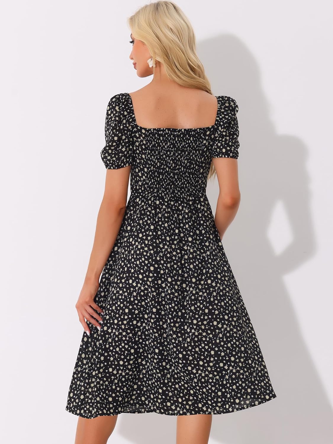 Allegra K Peasant Floral Dresses for Women's Puff Sleeve Square Neck Milkmaid Smocked Midi Dress - Image 2