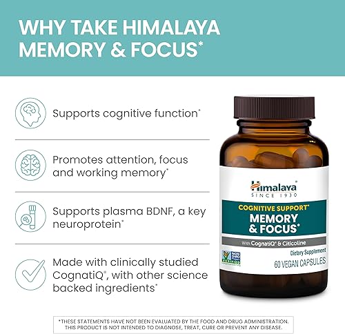 Miniatura 3 de Himalaya Memory & Focus, suplemento herbario, apoya la función cognitiva, la atención y el BDNF, vegano, sin gluten, citicolina y CognatiQ, 60