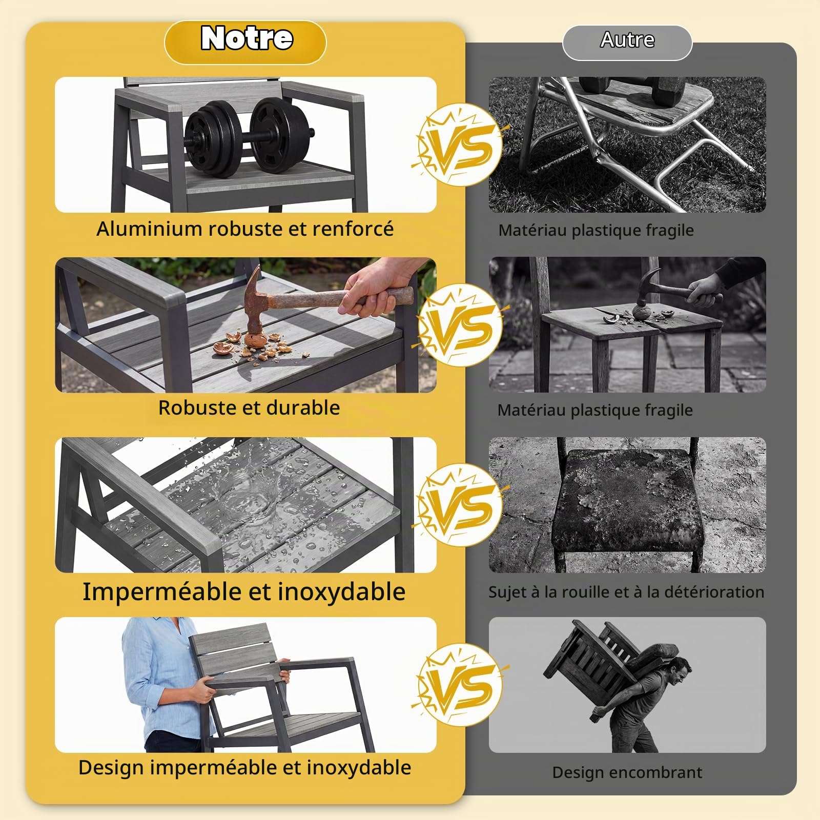 JUMMICO Chaise de Jardin Extérieur en Aluminium Aspect Bois - Antirouille, Facile à Nettoyer et Imputrescible, Charge Maximale 160kg, pour Jardin, Cour, Balcon