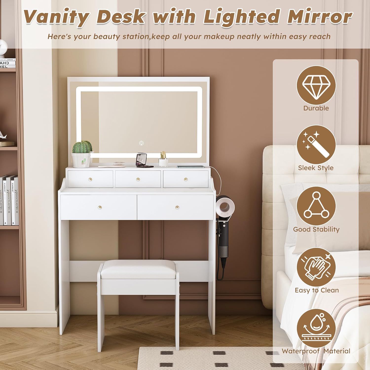 Vanity Desk with LED Light Mirror, Storage Makeup Vanity Table with Stool, 5 Drawers, Hairdryer Holder, Power Outlet, 3 Adjustable Lighting Colors, Dressing Table and Chair for Bedroom, White