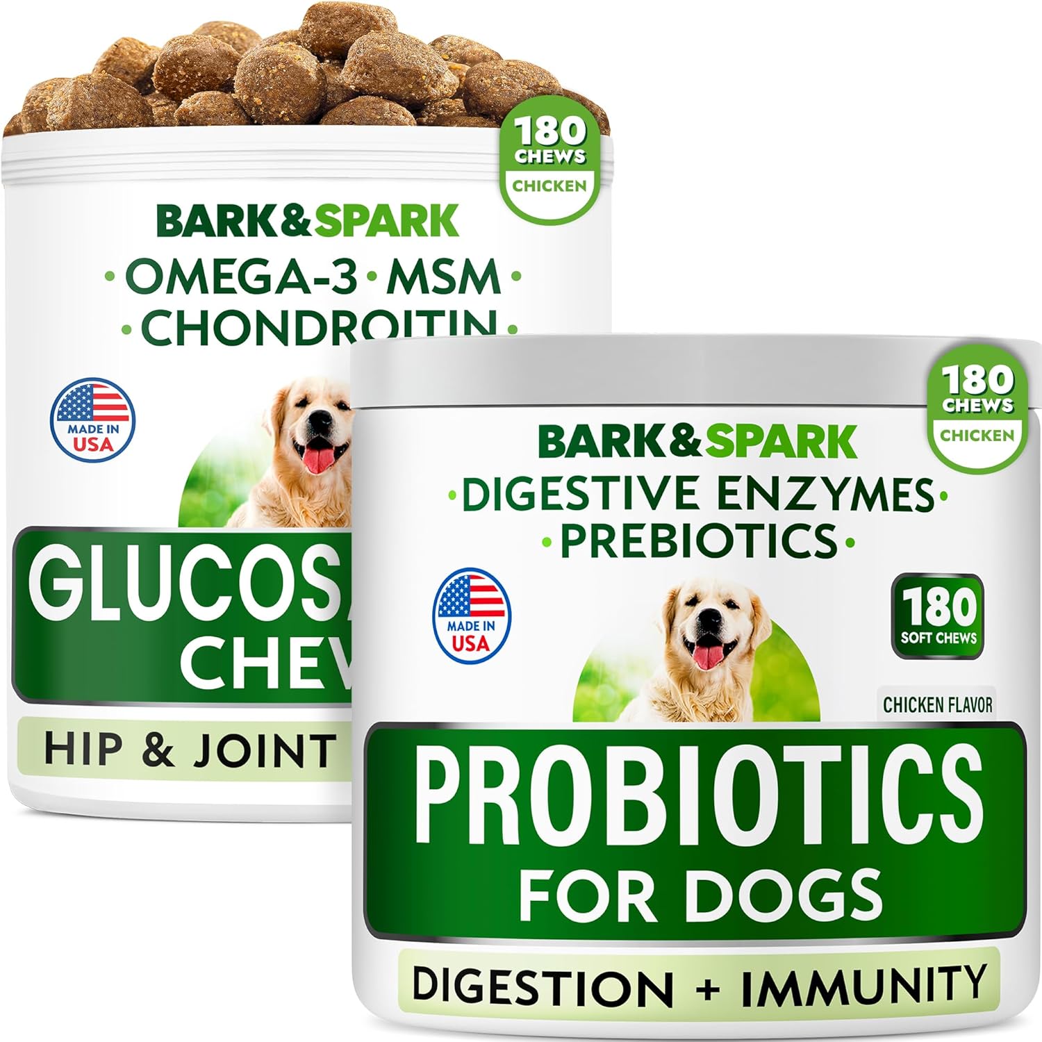Dog Probiotics + Glucosamine Treats Bundle - 360 Soft Chews - Digestive Enzymes + Prebiotics + Chondroitin, MSM, Omega-3 - Gas, Diarrhea, Allergy, Constipation + Joint Pain Relief - Immunity