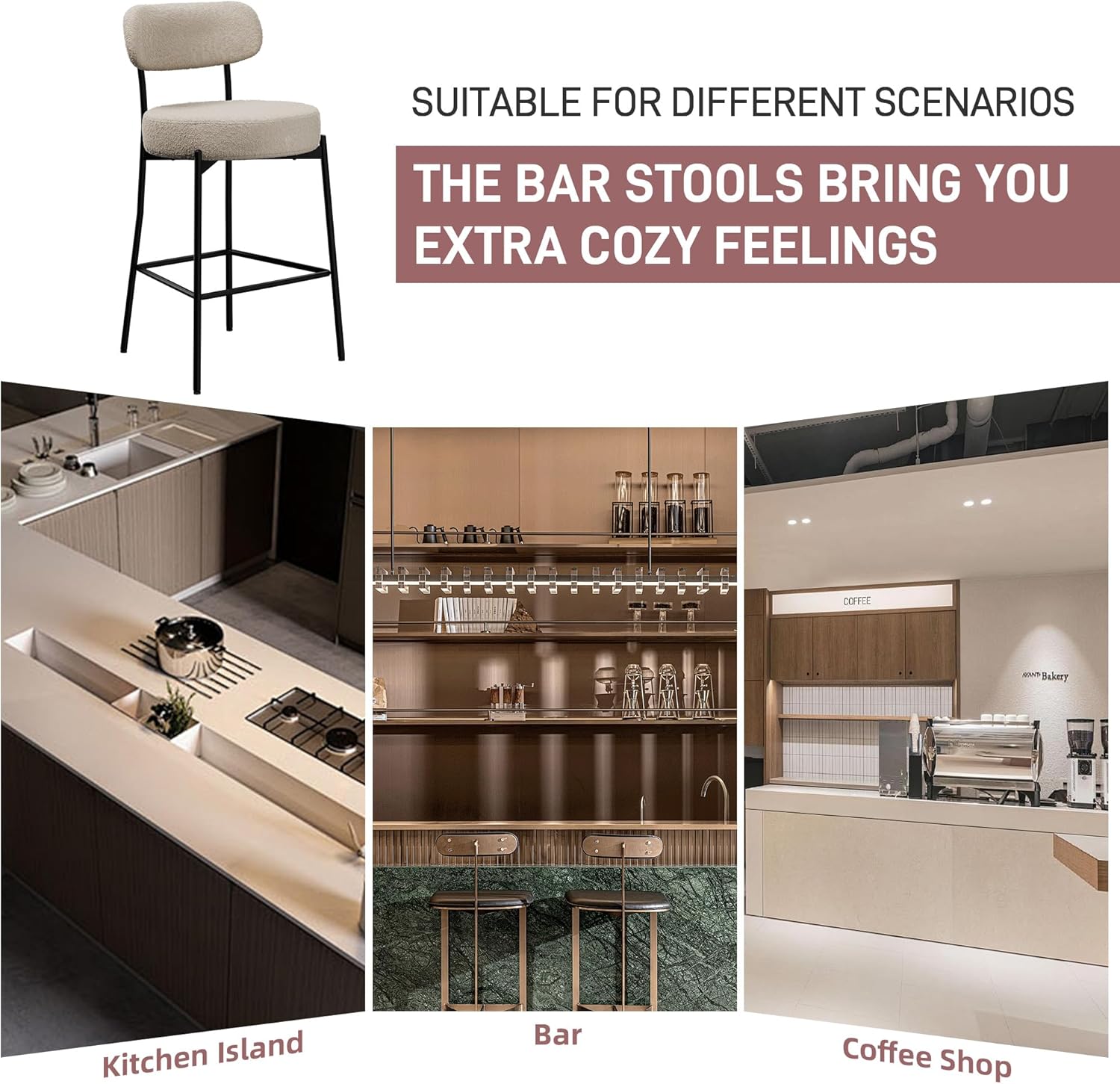 Bar Stools Set of 3, 27 Inches Counter Height Bar Stools with Back, Modern Upholstered Boucle Barstools for Kitchen Island, with Metal Leg and Cushion, Grey