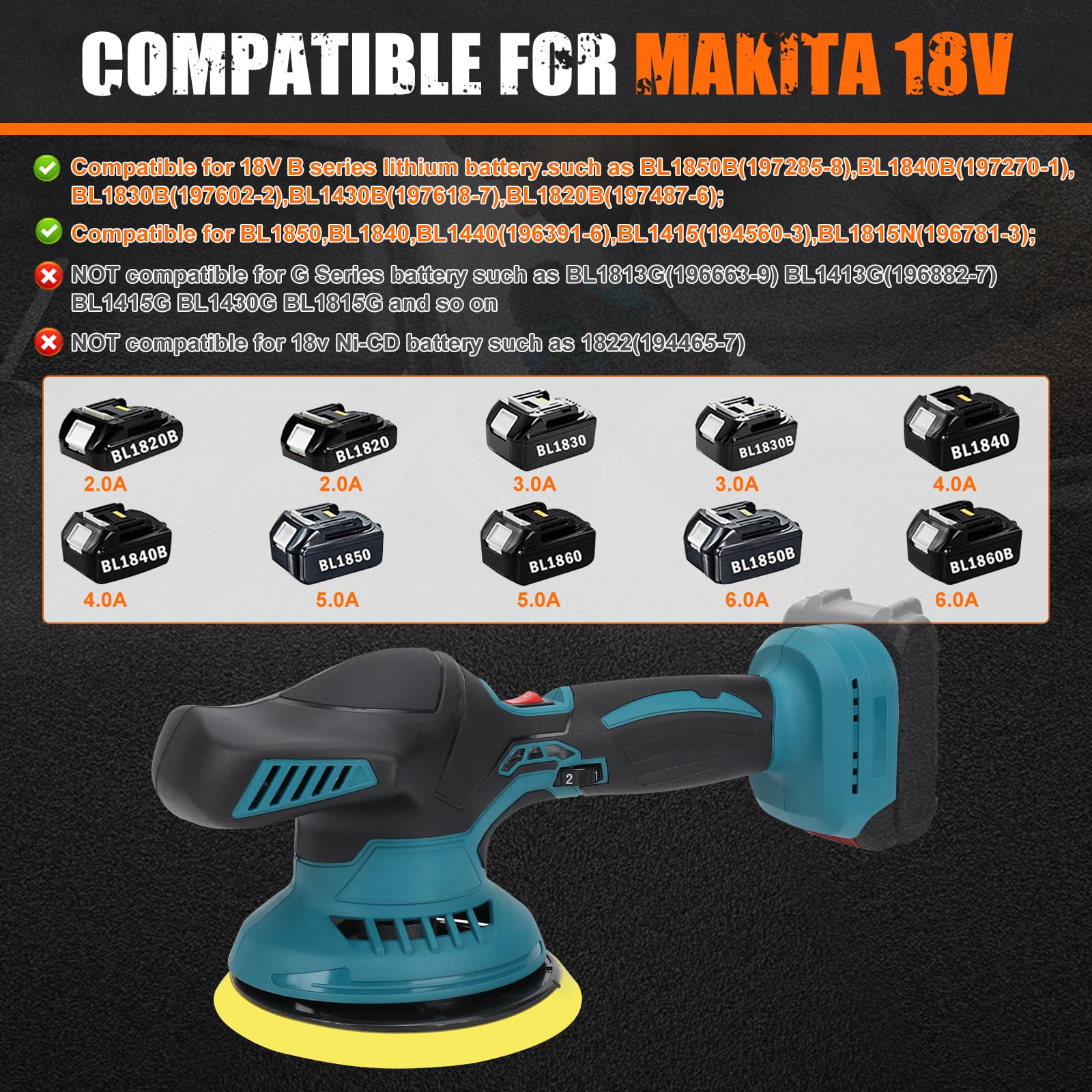 Lucidatrice a batteria compatibile con Makita 18V batteria, 15 cm Lucidatrice per auto con 12 accessori, lucidatrice eccentrica a 6 velocità variabili da 2500-5000 giri/min (senza batteria)