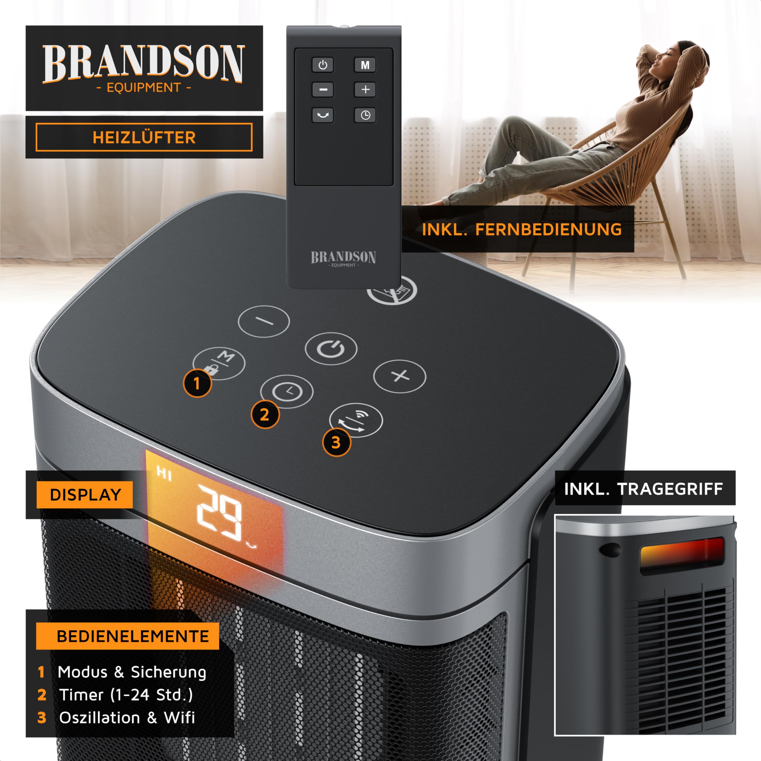 Brandson - Heizlüfter Wlan - Fernbedienung - Preisträger - ECO Modus energiesparend leise - WiFi Steuerung mit App - Oszillation - Kindersicherung - Timer - Bad Wohnzimmer Büro Kinderzimmer