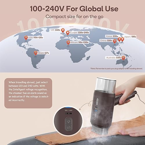 Miniatura 7 de Newbealer Vaporizador de ropa de doble voltaje de 120 V220 V, 1200 W potente vaporizador para ropa, uso doméstico y de viaje, vapor horizontal y