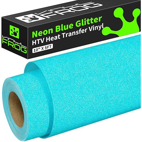 VINYL FROG Neon Blue Glitter Heat Transfer Vinyl Roll 10" x5ft Bright Blue HTV Vinyl Iron on Vinyl Sparkle Heat Press Vinyl for T-Shirts Gift Designs