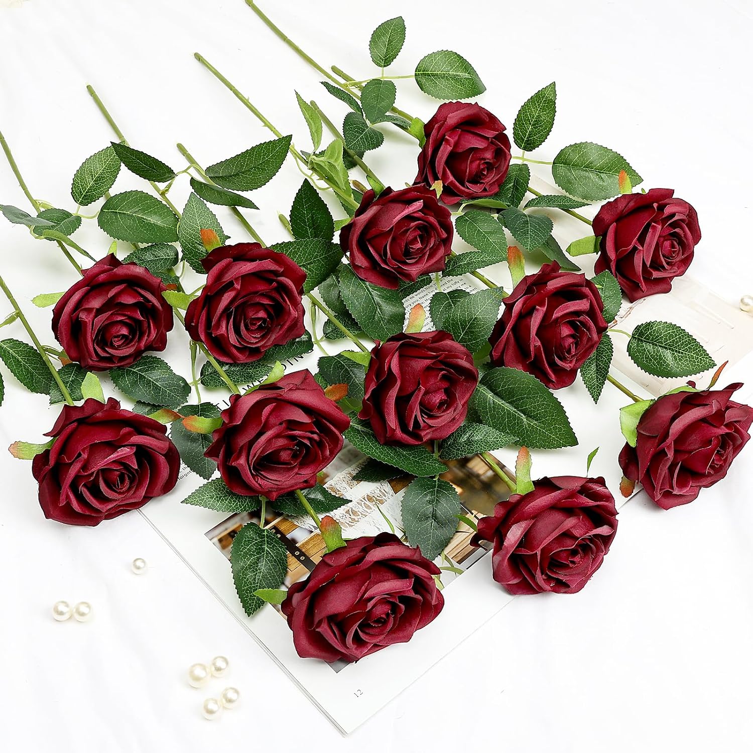 48 PCS Burgundy Roses Artificial Flowers - Fake Silk Floral with Long Stems Bulk for Table Centerpieces DIY Bouquet Arrangements Wedding Party Bridal Shower Vase Decorations