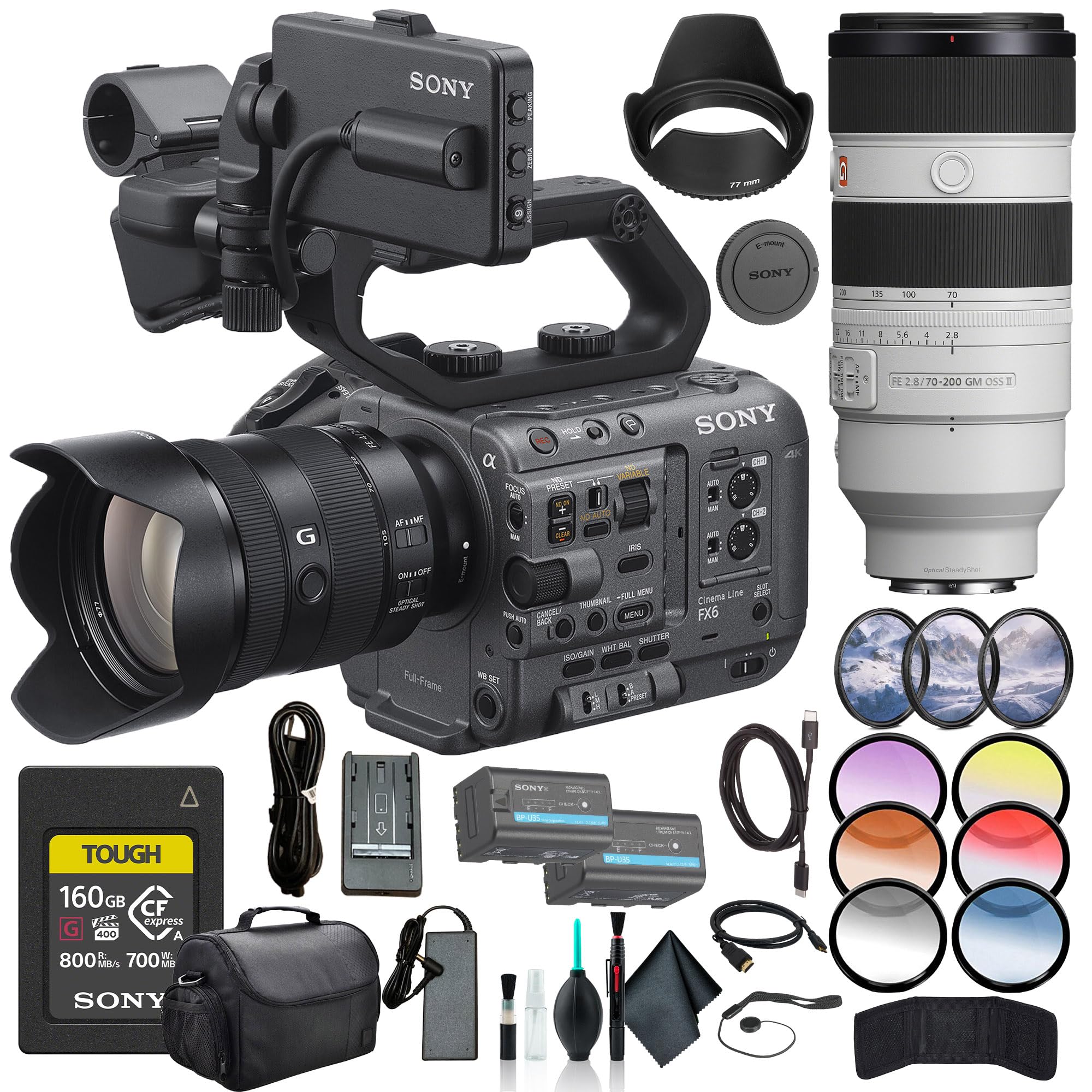 Sony FX6 Cinema Line Camera Kit with 24–105 mm F4 G OSS Lens (ILME-FX6VK) – Full-Frame 10.2MP Sensor | 4K 120p FE 70-200mm Lens, 160GB Card, BP-U35 Battery, Filter Kit and More