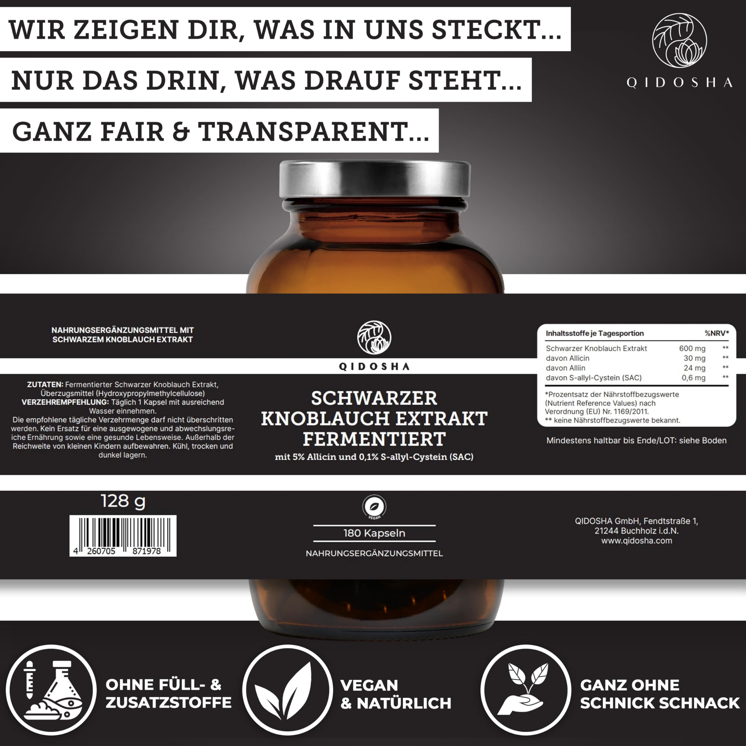 QIDOSHA® Schwarzer Knoblauch Extrakt hochdosiert, 180 Kapseln im Apothekerglas, 600mg je Kapsel, darunter 0,6 mg S-Allyl-Cystein (SAC), deutsche Fertigung, jede Charge laborgeprüft