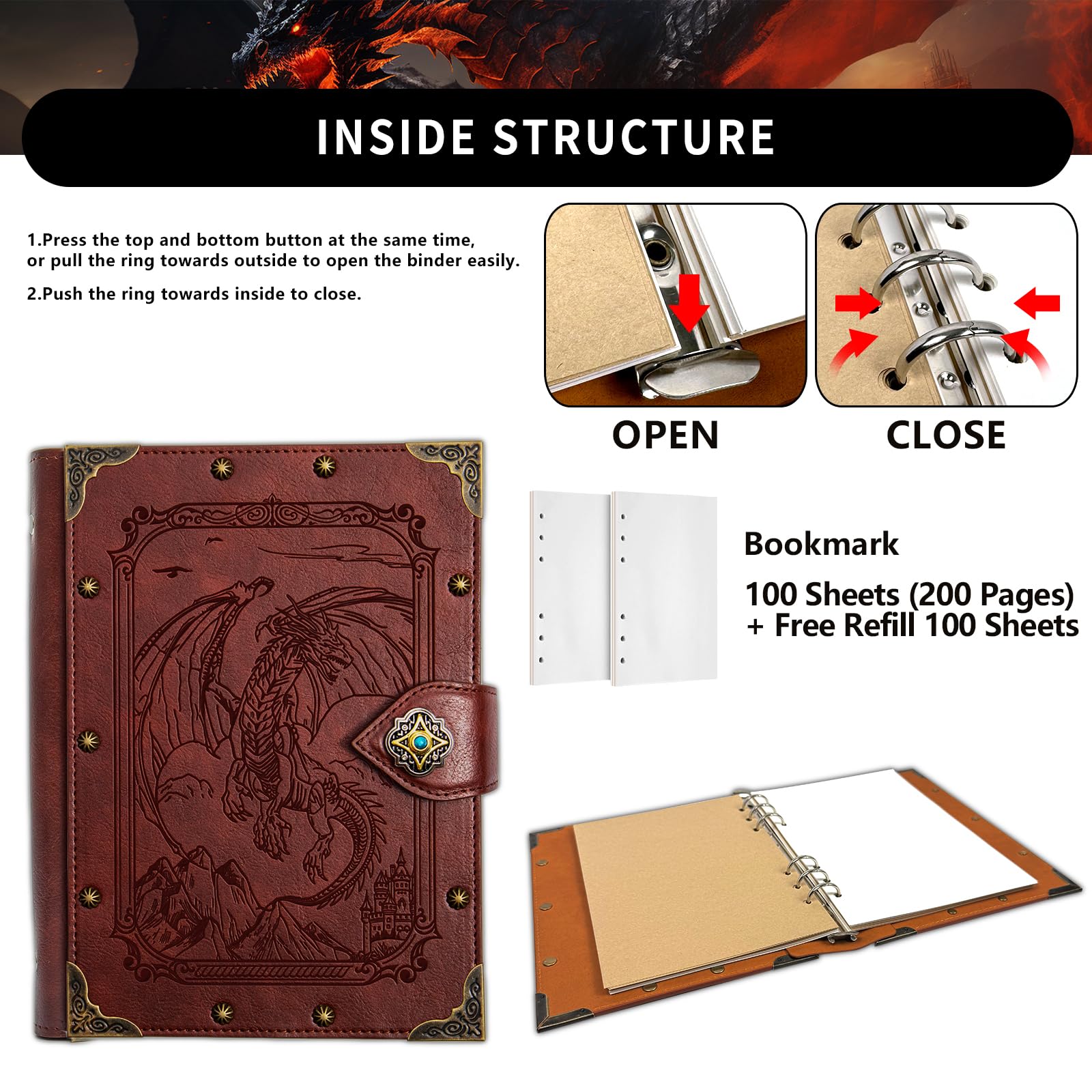 DUROTAN Carnet de notes DND Dragon - Classeur A5 unique - 400 pages - Pour donjons et dragons - Cadeau - Accessoires D&D - Carnet de croquis - Agenda quotidien