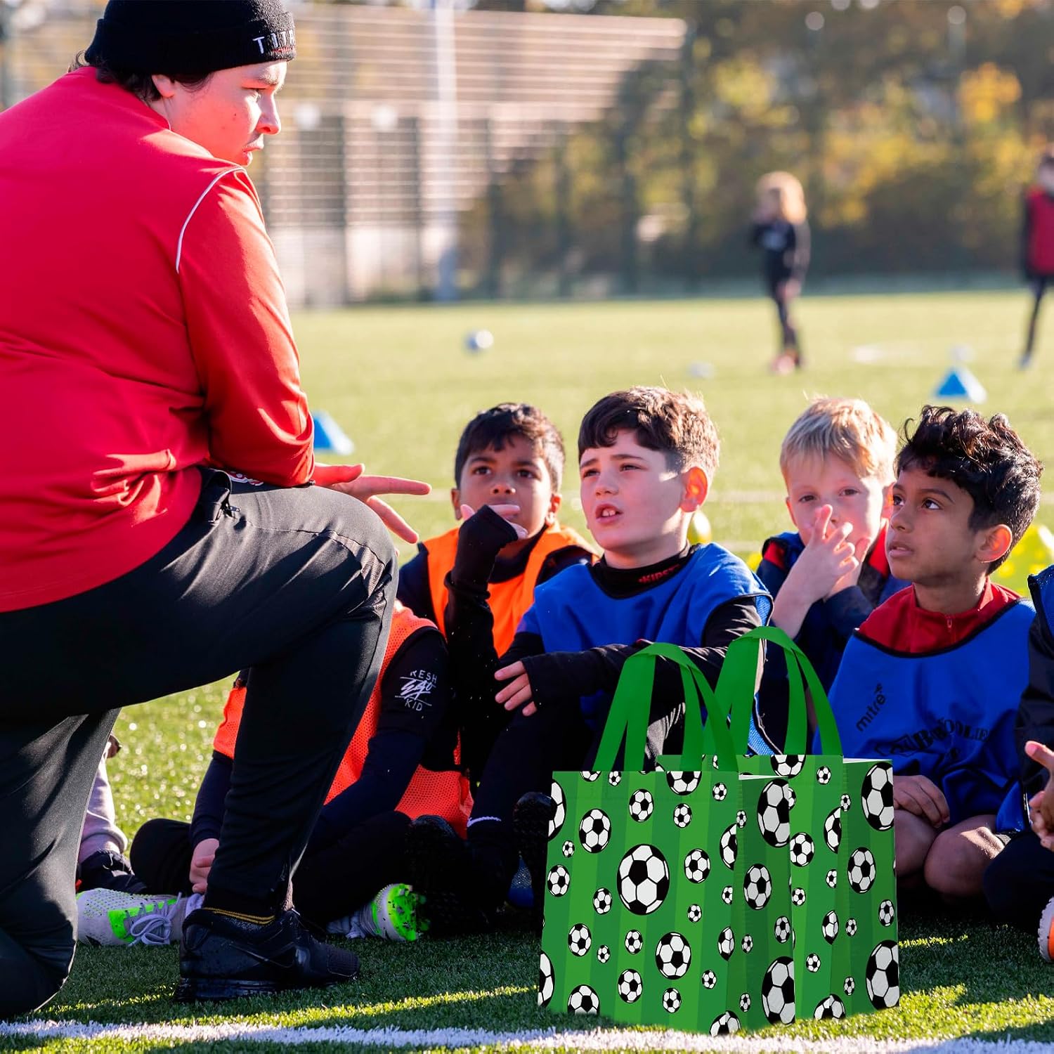 24 PCS Soccer Gift Bags Soccer Party Decorations with Handles Reusable Soccer Goodie Snack Favor Bag Non Woven Party Favor Bags for Sports Birthday Supplies