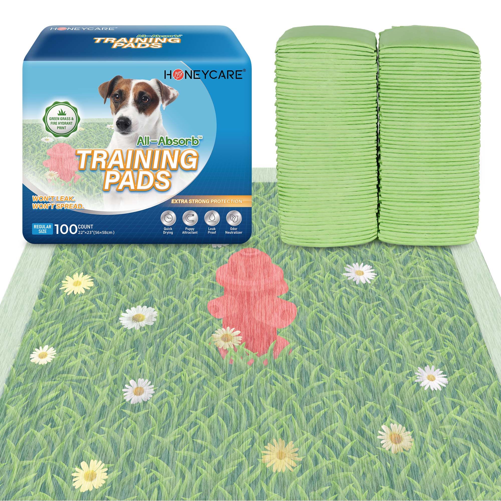 HONEY CARE Dog Training Pads with Grassfield & Fire Hydrant PrintingไธจEliminating Urine Odor Puppy Pads ไธจ Premium Dog Pee Pads (100 Count, 22x23 inch)