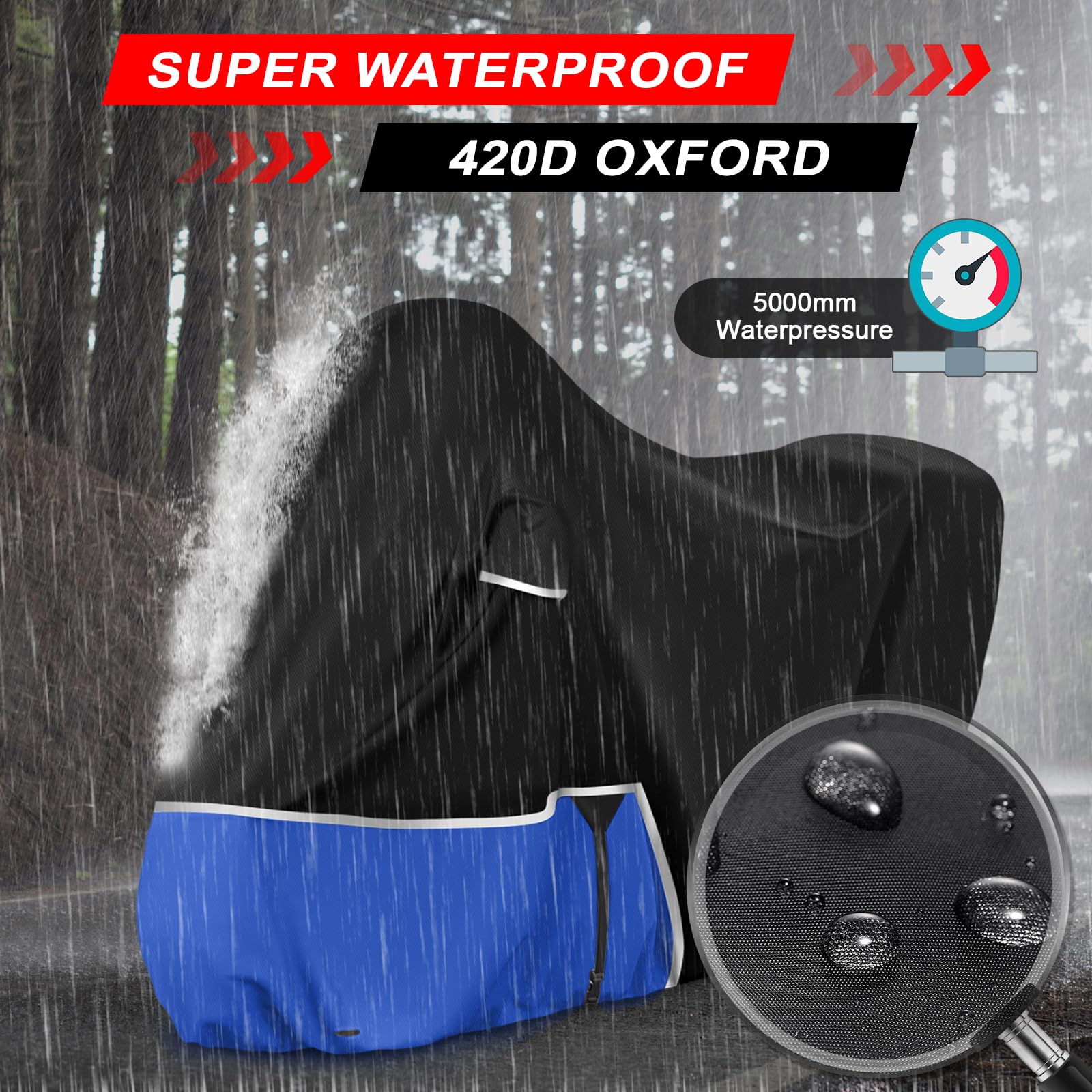 Bâche de Protection Moto, pour Piaggio mp3 400/500 (avec Coffre) | Housse mp3 400 Housse mp3 500 Protection imperméable, résistante à l'hiver, en Tissu Oxford 420D, Noir et Bleu