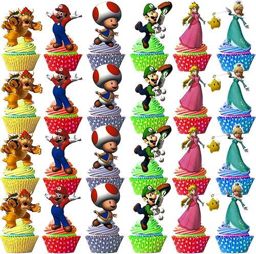 48 piezas de Mario Cupcake Toppers Mario suministros de fiesta de cumpleaños Super Brothers decoraciones de fiesta temática