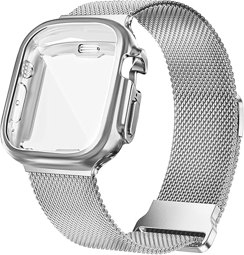 Geoumy Bandas metálicas magnéticas compatibles para Apple Watch Ultra 49mm con estuche, correa de repuesto de malla milanesa de acero inoxidable