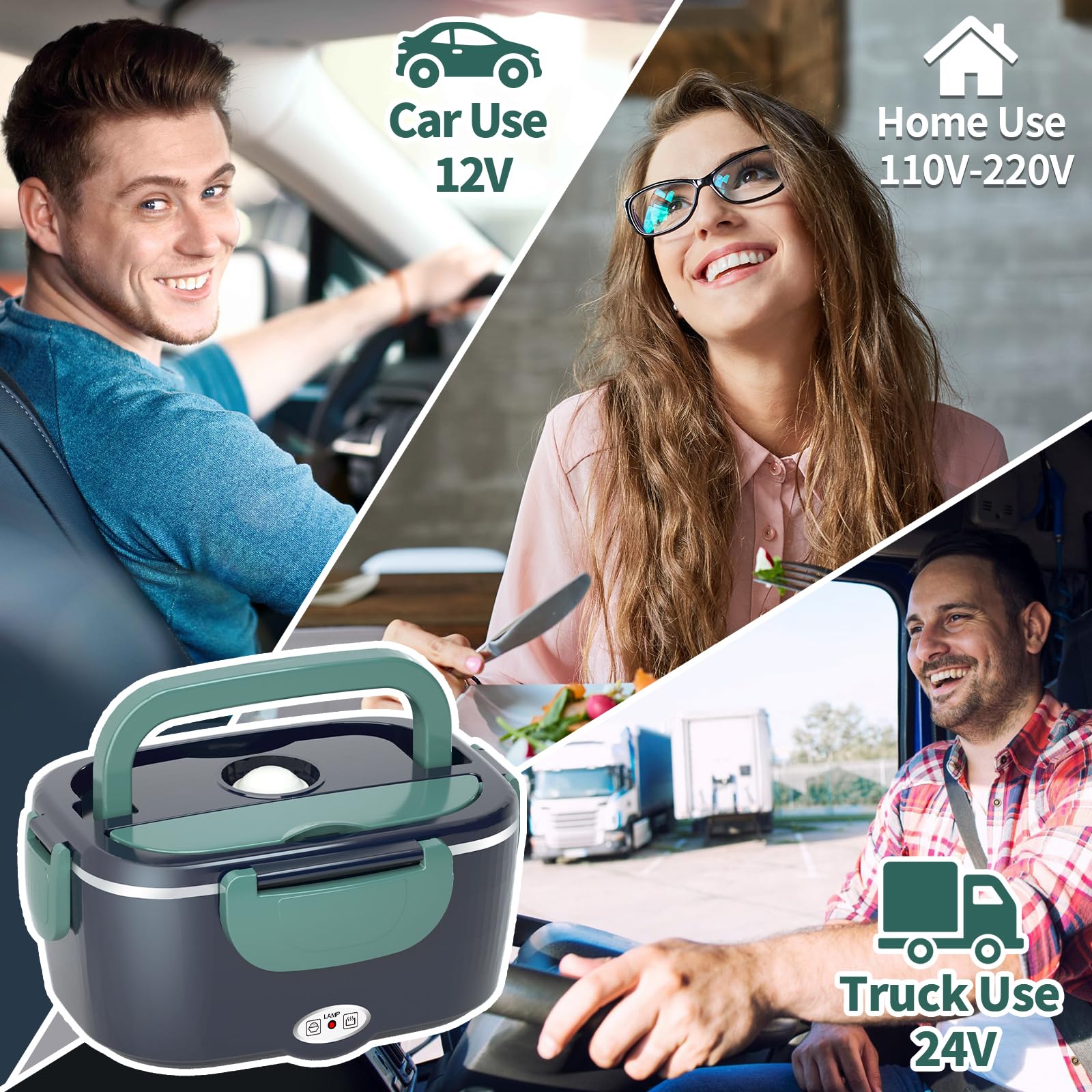 SOOOEC Boîte à déjeuner électrique 100 W, 3 en 1, portable, boîte à lunch chauffante en acier inoxydable amovible, 12 V/24 V/220 V, pour voiture/camion/bureau (Bleu, 1.5 L)