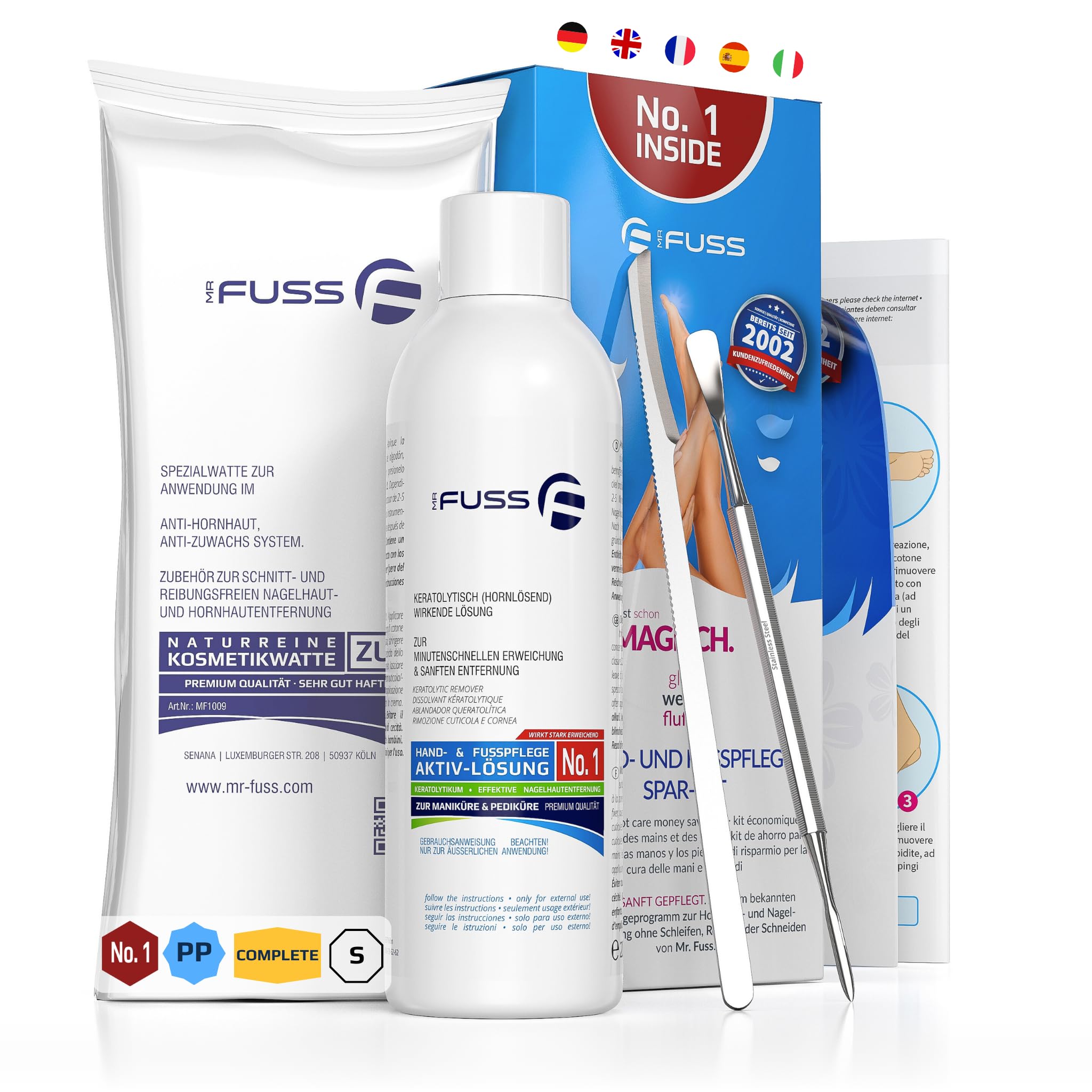 Mr. Fuss® No. 1 - Plus Pack Complete - Klein, Nagelhaut- Hornhautentferner Sparpaket 4 tlg. Aktiv-Lösung Schnell & Stark erweichend - 200 ml, Watte, Besteck-Set