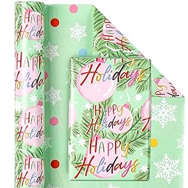 WRAPAHOLIC Reversible Christmas Wrapping Paper - Mini Roll - 17 Inch x 33 Feet - Happy Holiday Lettering with Christmas Ball Design for Holiday, Party Celebration