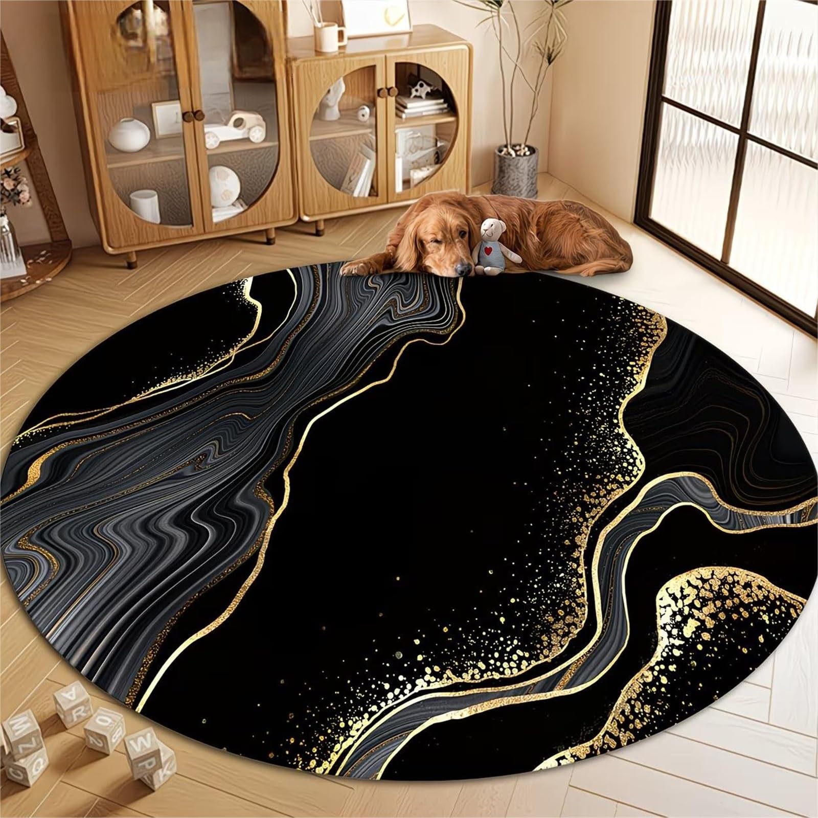 Abstract Marble Area Rug, 4ft Nordic Black And Gold Swirling Pattern Circular Entrance Rugs, Soft Low-Pile Washable Indoor Carpet, With Non-Slip Rubber Backing for Living Room, Bedroom Floor Mat