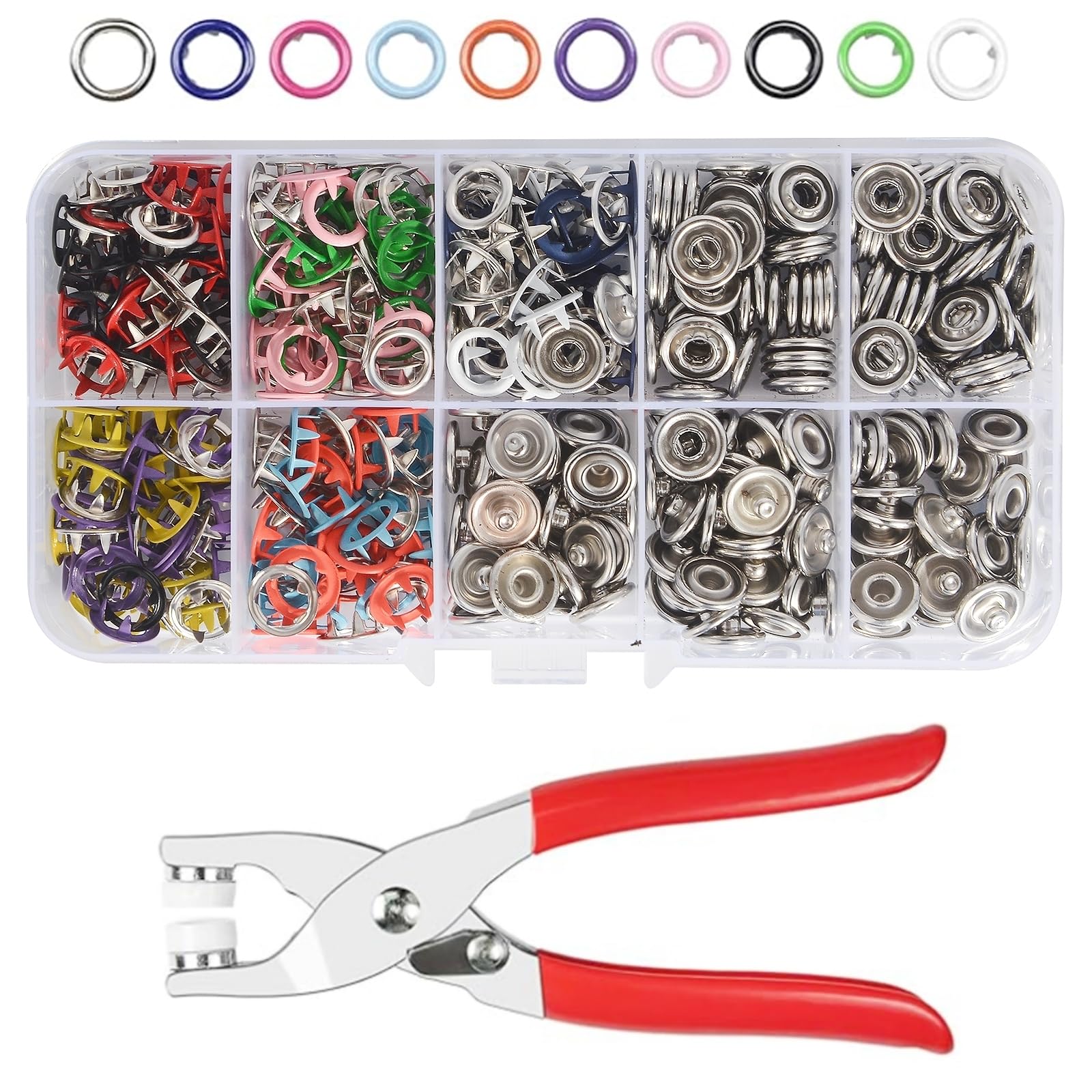Snap Button Kit 100set, 9.5mm Snap Fasteners Kit with Pliers, Metal Snaps Kit with Tool, Five Claw Buckle Tool Set 10 Colors (Hollow 100set)