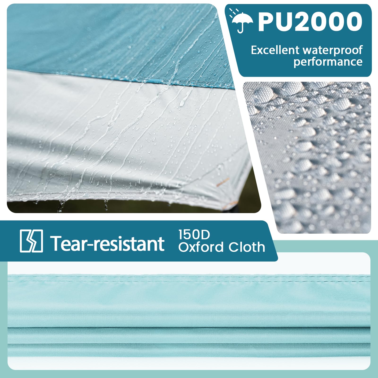 Bâche de Camping avec 2 poteaux,bâche imperméable PU2000+, UPF 50+, revêtement argenté, Toile imperméable avec œillets pour Camping, Backpacking, randonnée
