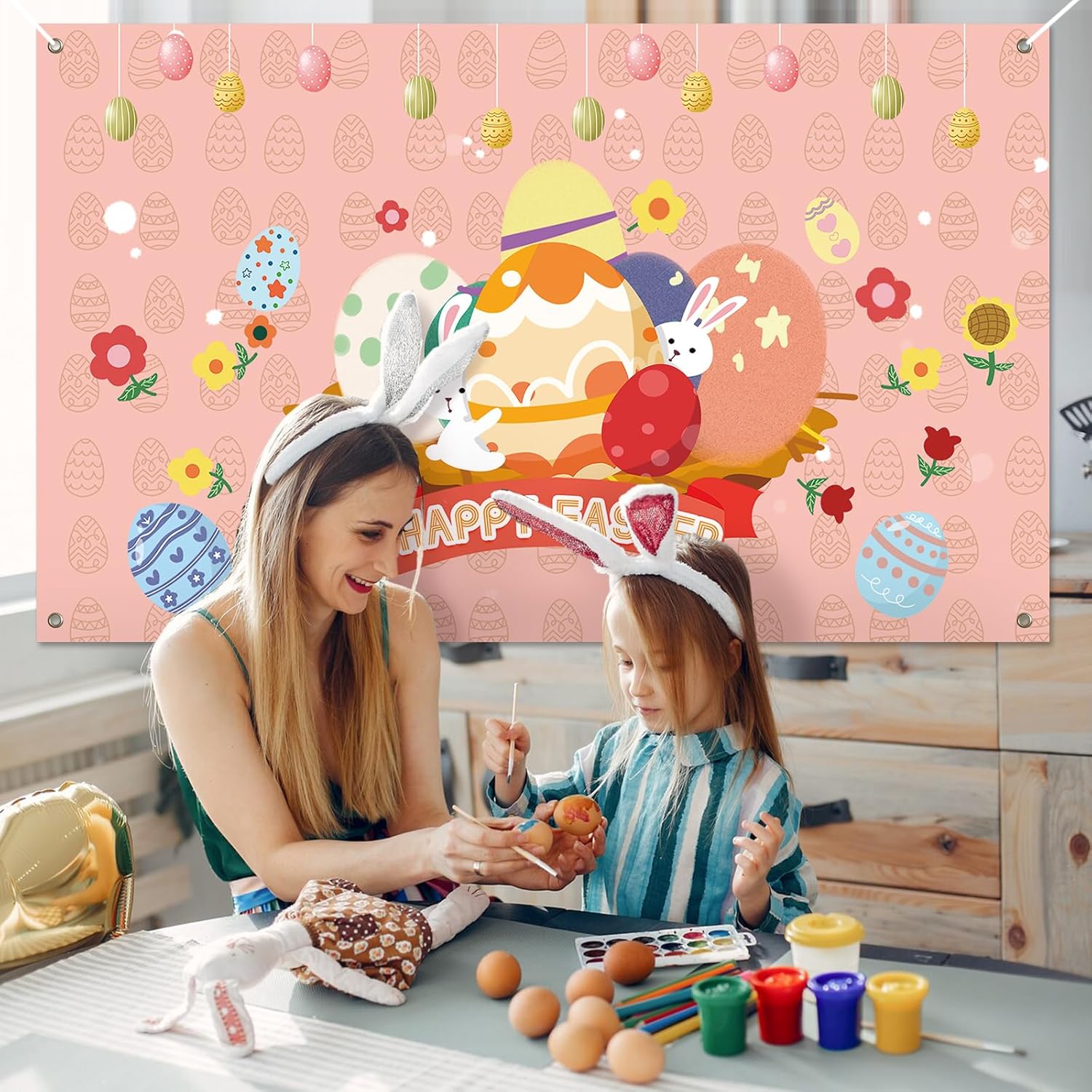 Easter Backdrop Banner, Easter Decorations Happy Easter Banner Background Decoration Banner Photo Booth Sign Poster Easter Indoor Outdoor Decor(Pink)