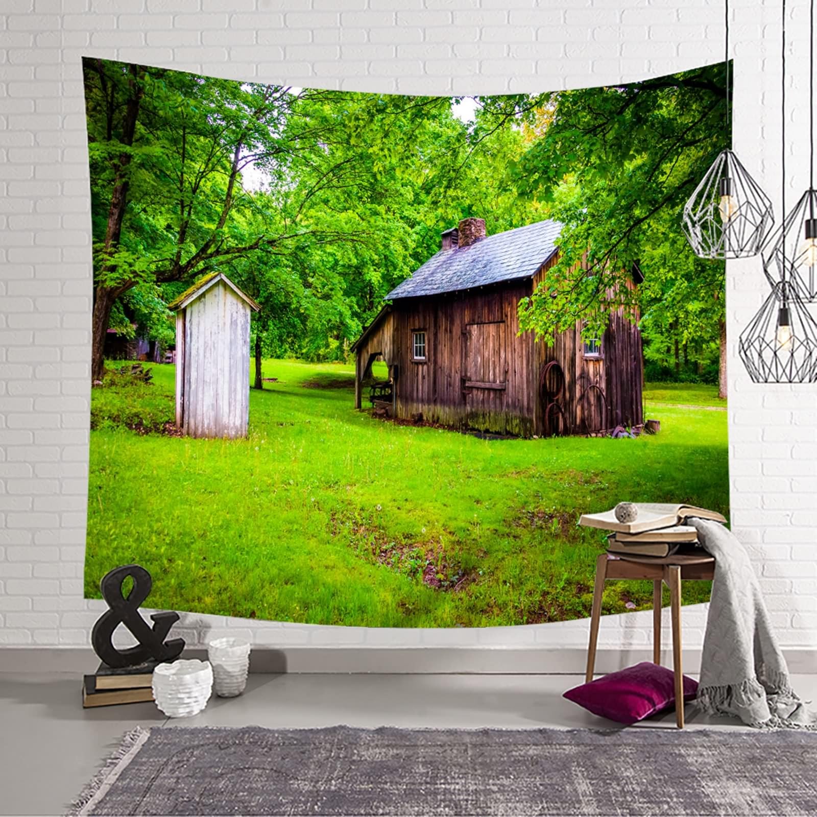 Lirzxin Wandteppiche 240x220CM, Wandtuch Wald Holzhütte Landschaft Grün Braun Tapestry Tapisserie Wandbehang für Schlafzimmer Wohnzimmer Wohnheim Wanddeko