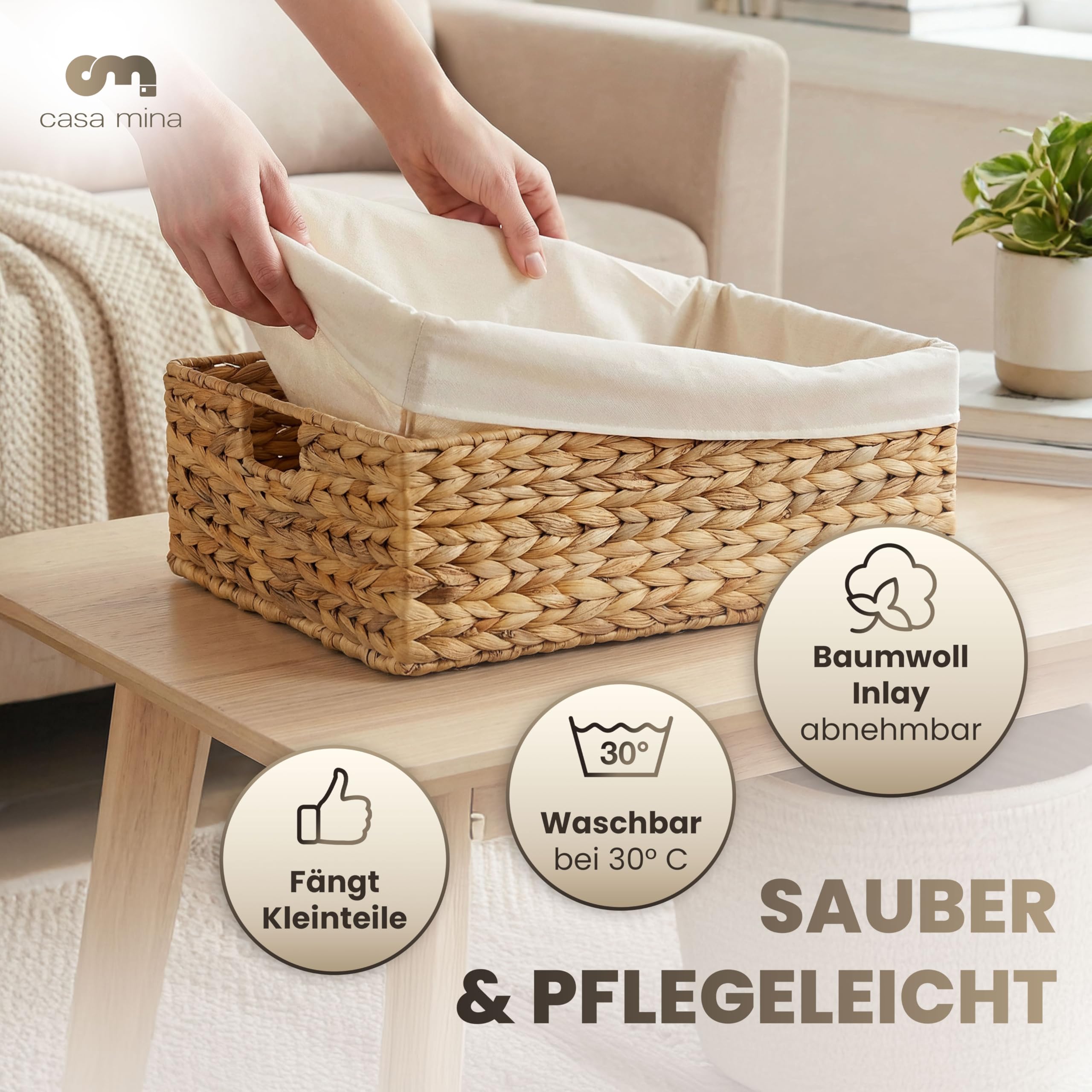 Casa Mina Korb Aufbewahrung L44xW30xH16cm 100% natürlich aus Wasserhyazinthe I Dekorative Körbe Aufbewahrung für jeden Raum I Aufbewahrungskorb mit robustem Metallgestell