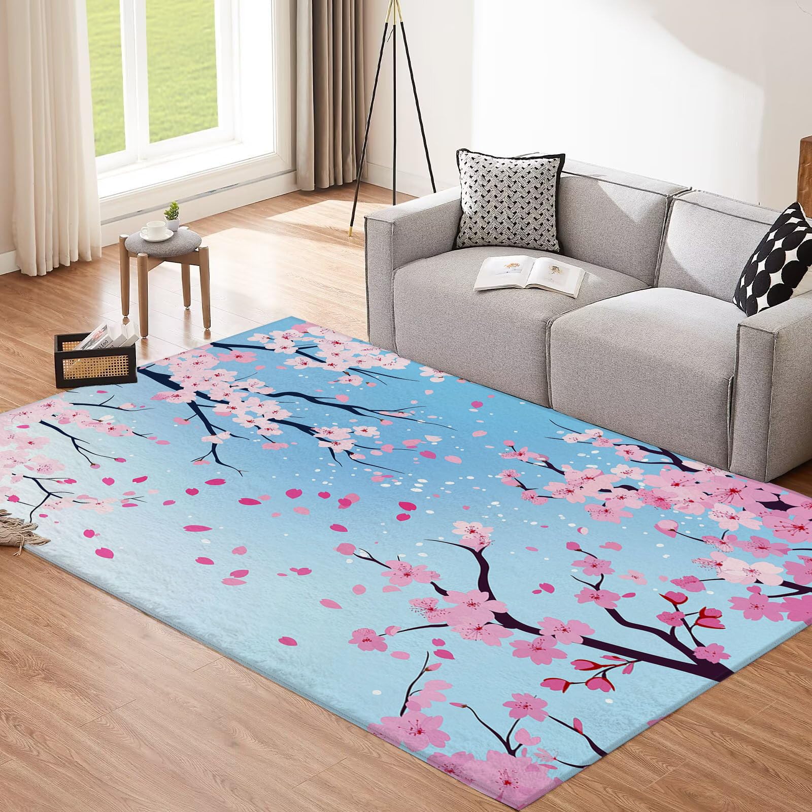 Alfombra Salon Azul 200x300cm Antideslizante Alfombras, Flor De Cerezo De Dibujos Animados Planta Lavables en Lavadora Alfombra Habitacion Dormitorio Comedor Tapete Quarto Pelo Corto