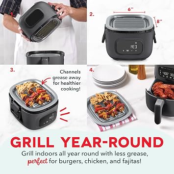 Dash Flip & FryTM Digital 2-in-1 Grill & Air Fryer - Has AirCrisp Technology - Digital Touchscreen, Ceramic Nonstick Grill Plate & Special Dehydrate Function - 3 Quarts - Forged Iron