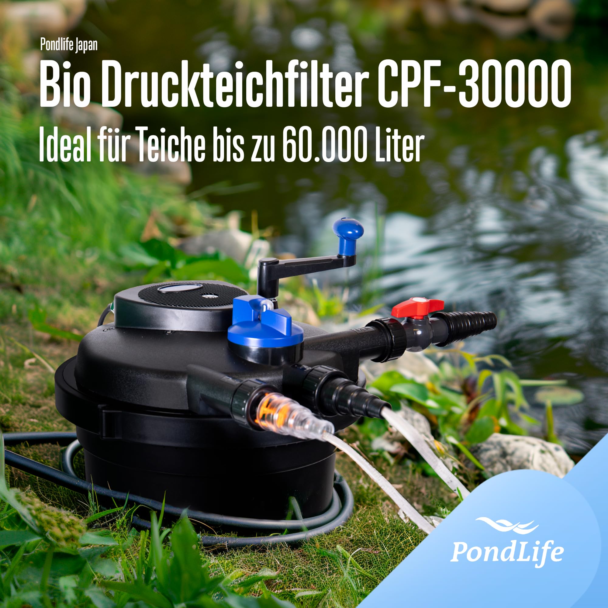 Pondlife CPF-30000 Druckteichfilter UVC 55 Watt, für Teiche bis 60000 Liter, Teichfilter mit Rückspülfunktion, 12000 L/h Fördermenge