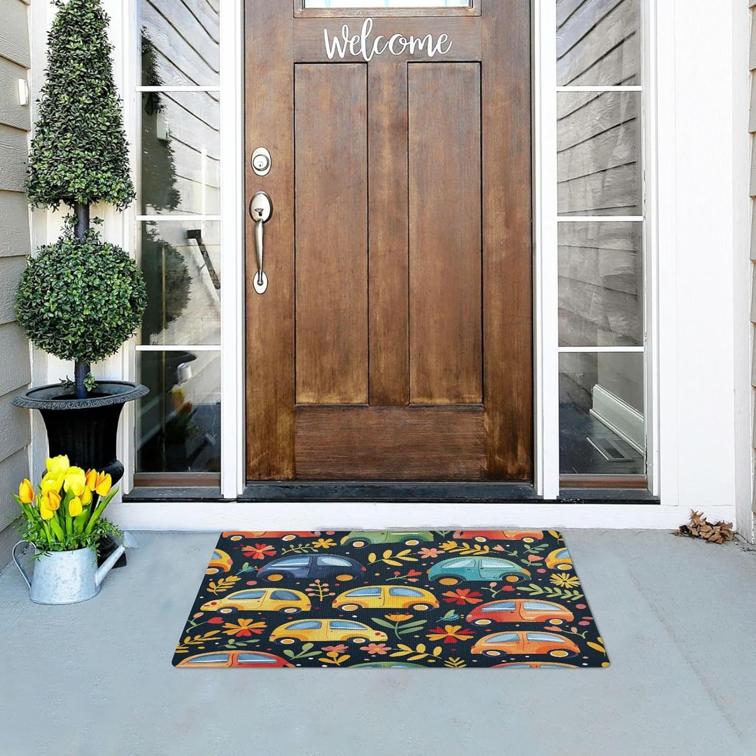 MUKJHOI Funny Welcome Mats, 32"x20" Front Door Mat for Outdoor/Indoor Entrance Cartoon Car Pattern (2) Entryway Rugs Home Farmhouse Balcony Patio Decor