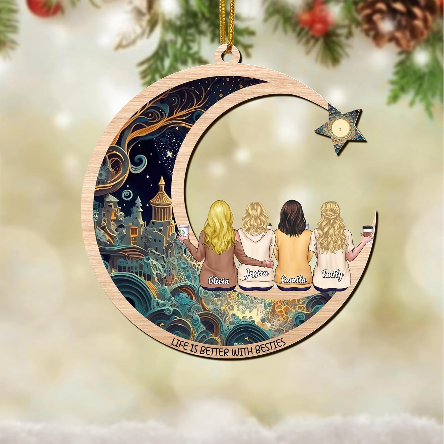 GOSSBY Personalized Custom Suncatcher (4 Women) Life is better with sisters Custom Birthday Gift for Best Friends, Sisters - Light Reflection Window Hanging Suncatcher Ornament, Personalized Names and
