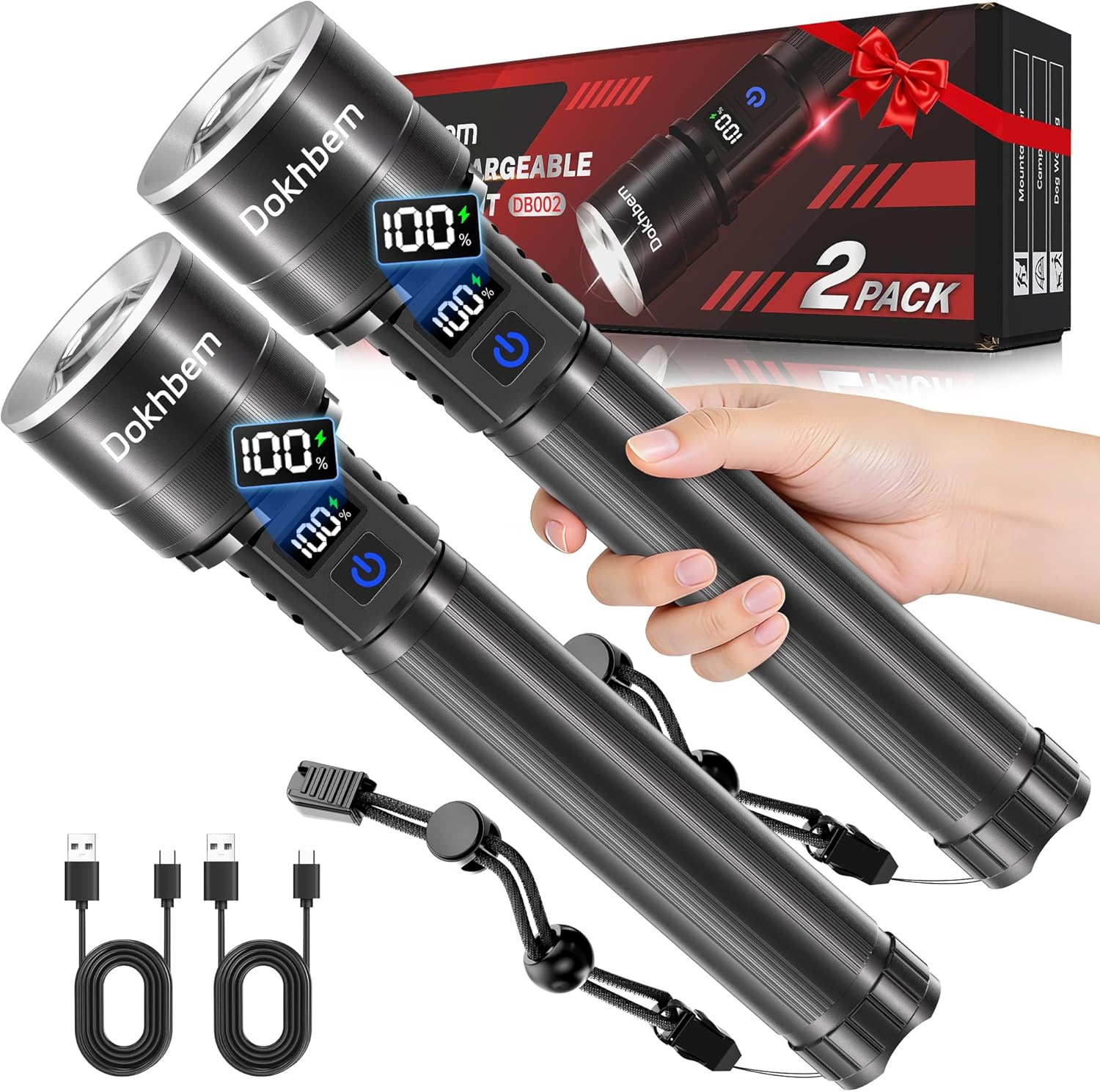 Rechargeable Flashlights 2 Pack, Super Bright LED Long Handle Flashlight with LCD Digital Display, 5 Modes & Zoomable Tactical FlashLights, Large Capacity Battery Powerful Flash Light for home