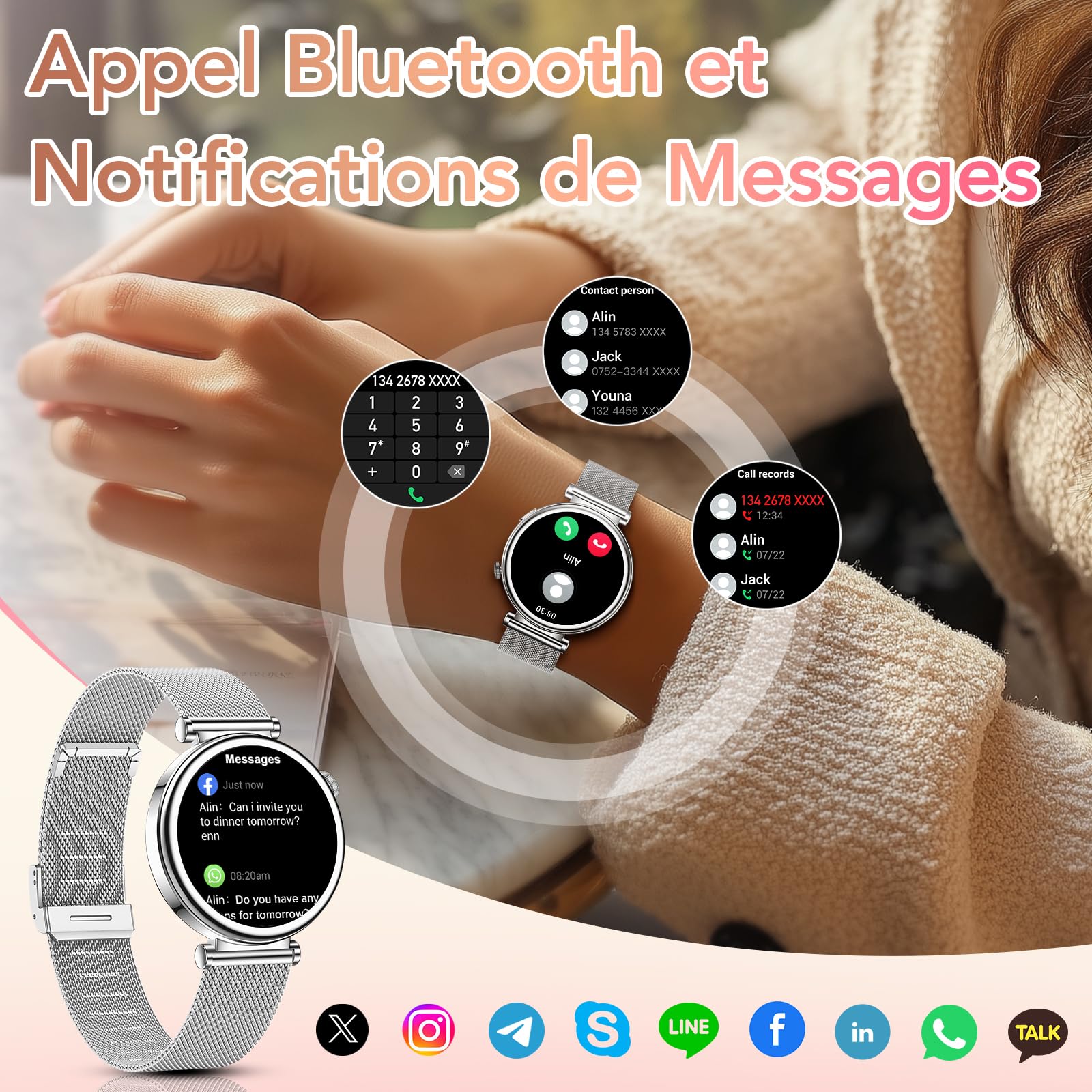 Montre Connectée Femme CIVO Avec 2 Bracelets (métal Trèfle & Silicone) - Étanche - 110 Modes Sport - Appels Bluetooth - Écran Personnalisable - 8