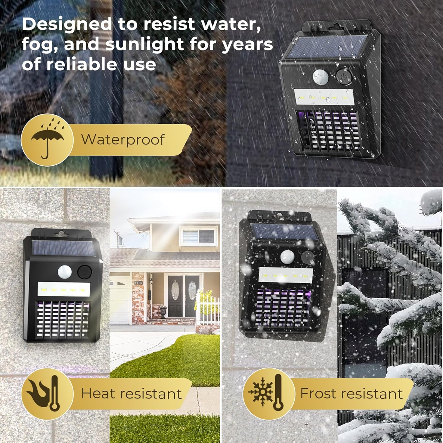 X-PEST Solar Bug Zapper shown in rain, fog, and snow, indicating waterproof, heat-resistant, and frost-resistant properties