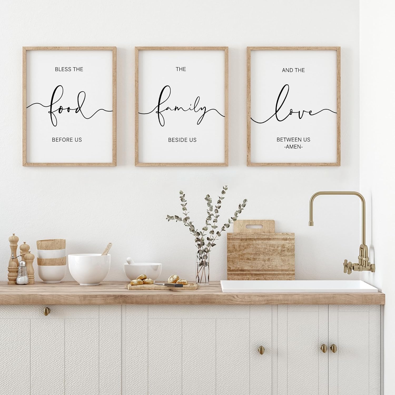 Heiple Set of 3 Framed Farmhouse Bless The Food Before Us Sign Kitchen Wall Decor for Dining Room Decor Wall Art Wood Signs (Brown,11"x14")
