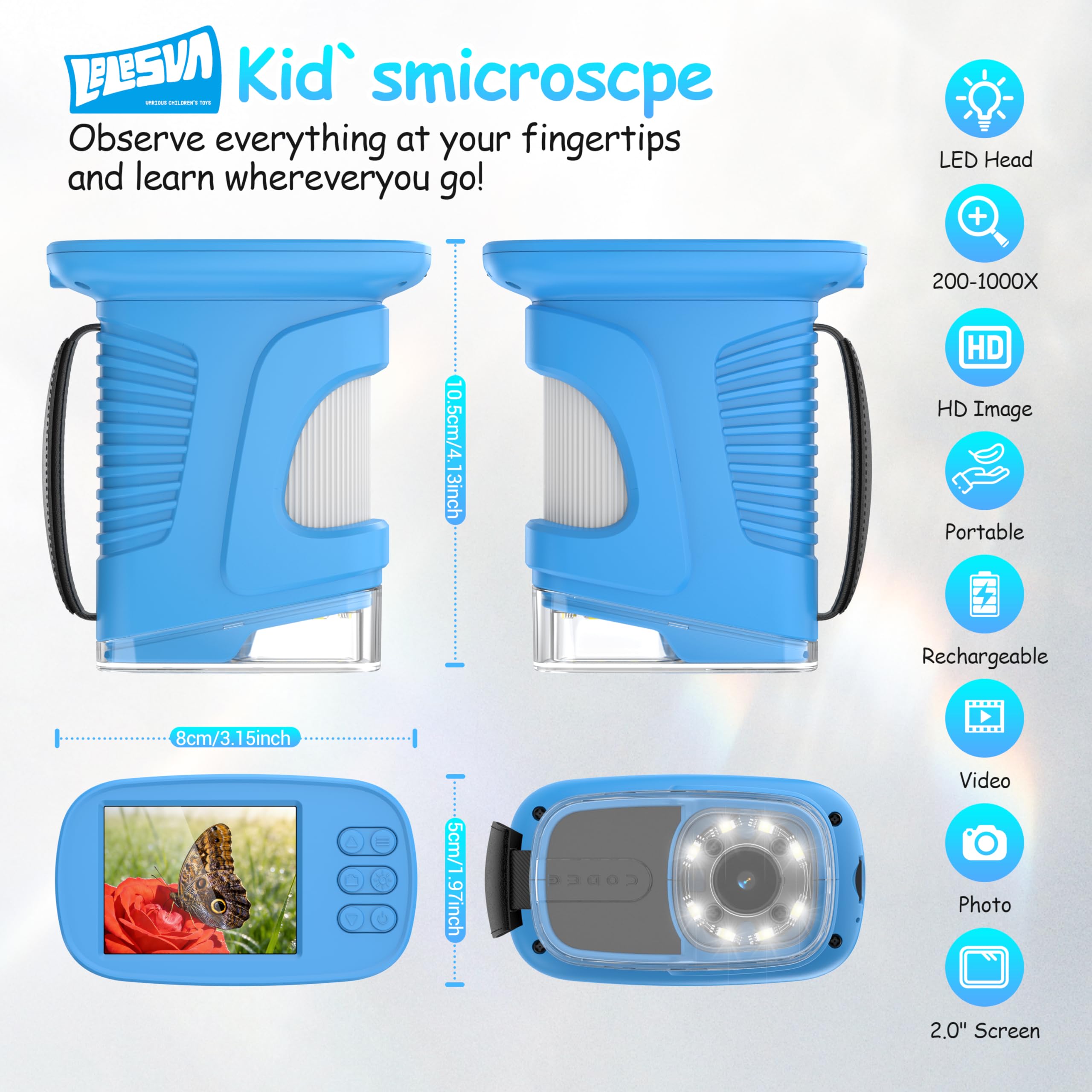 Microscopio Infantil con Pantalla Mejorada de 2.4" y resolución 4K Mini microscopio portátil de Bolsillo (1000X) Juguete Educativo Stem de Ciencia, cumpleaños (Azul)