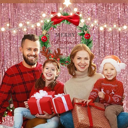 Miniatura 6 de Paquete de 2 cortinas de oropel de oro rosa brillante de 3.2 x 9.8 pies, decoración de telón de fondo de fiesta, telón de fondo metálico con flecos