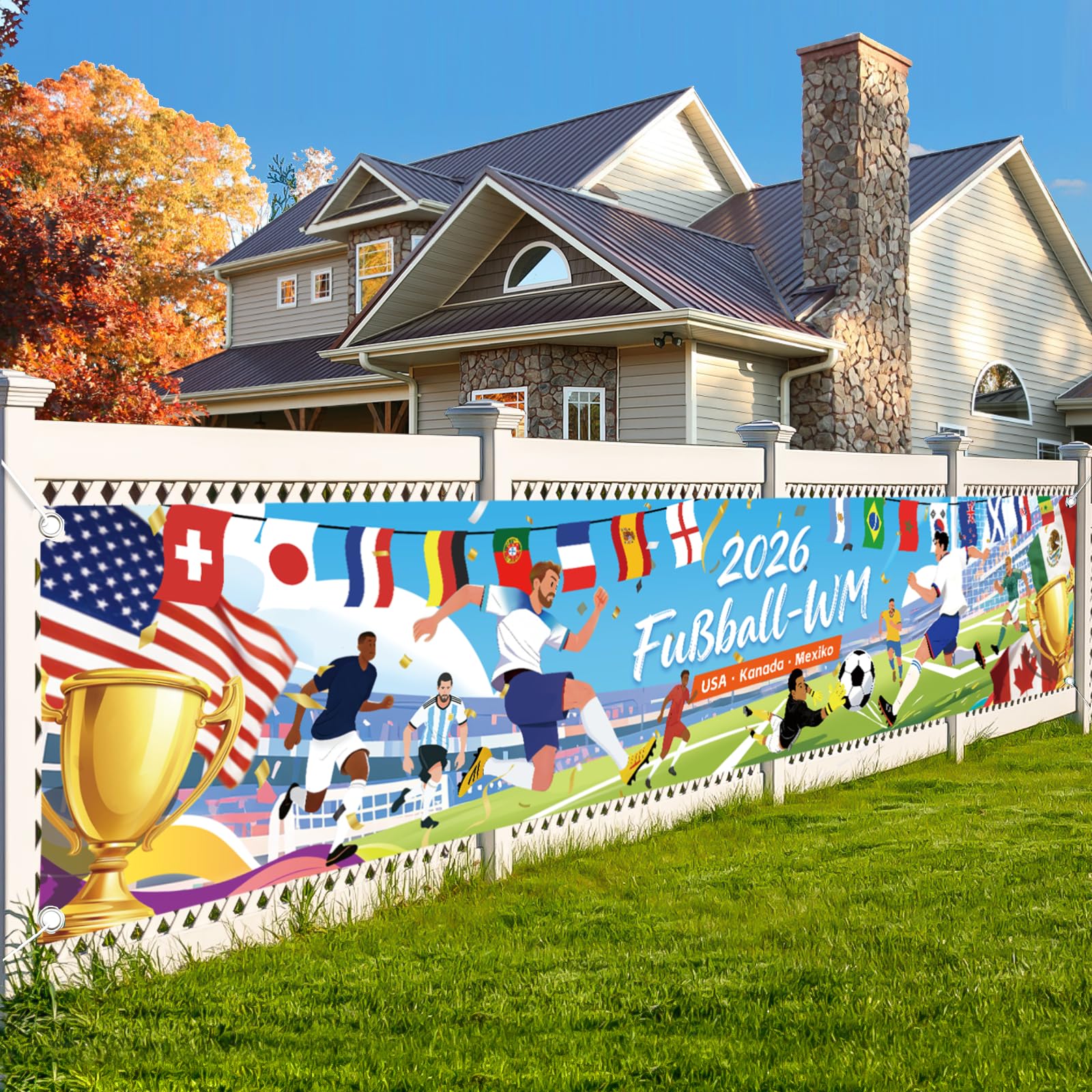 AhfuLife 2026 Fußball Banner 300 x 60cm für WM Deko, Extra Große Fussball Weltmeisterschaft banner Deko für WM Fußball Fans Party Garten Haus Bar Dekoration (Stil 1) - 1