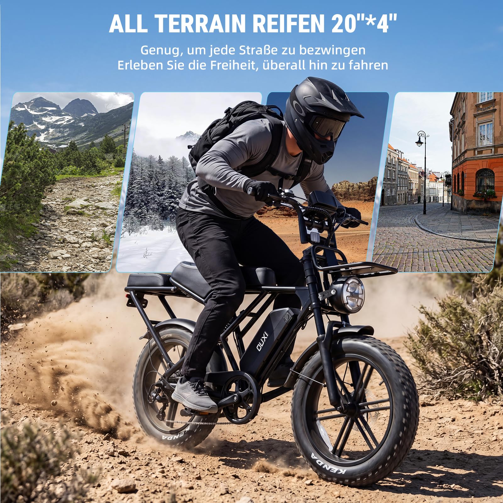 OUXI H9 E-Bike 20 Zoll Fatbike Elektrofahrrad Pedelec, 250W Motor 60Nm, 48V 15Ah Akku 60km, Hydraulische Scheibenbremsen, Vollfederung, Gepäckträger vorne & hinten, mit Blinker