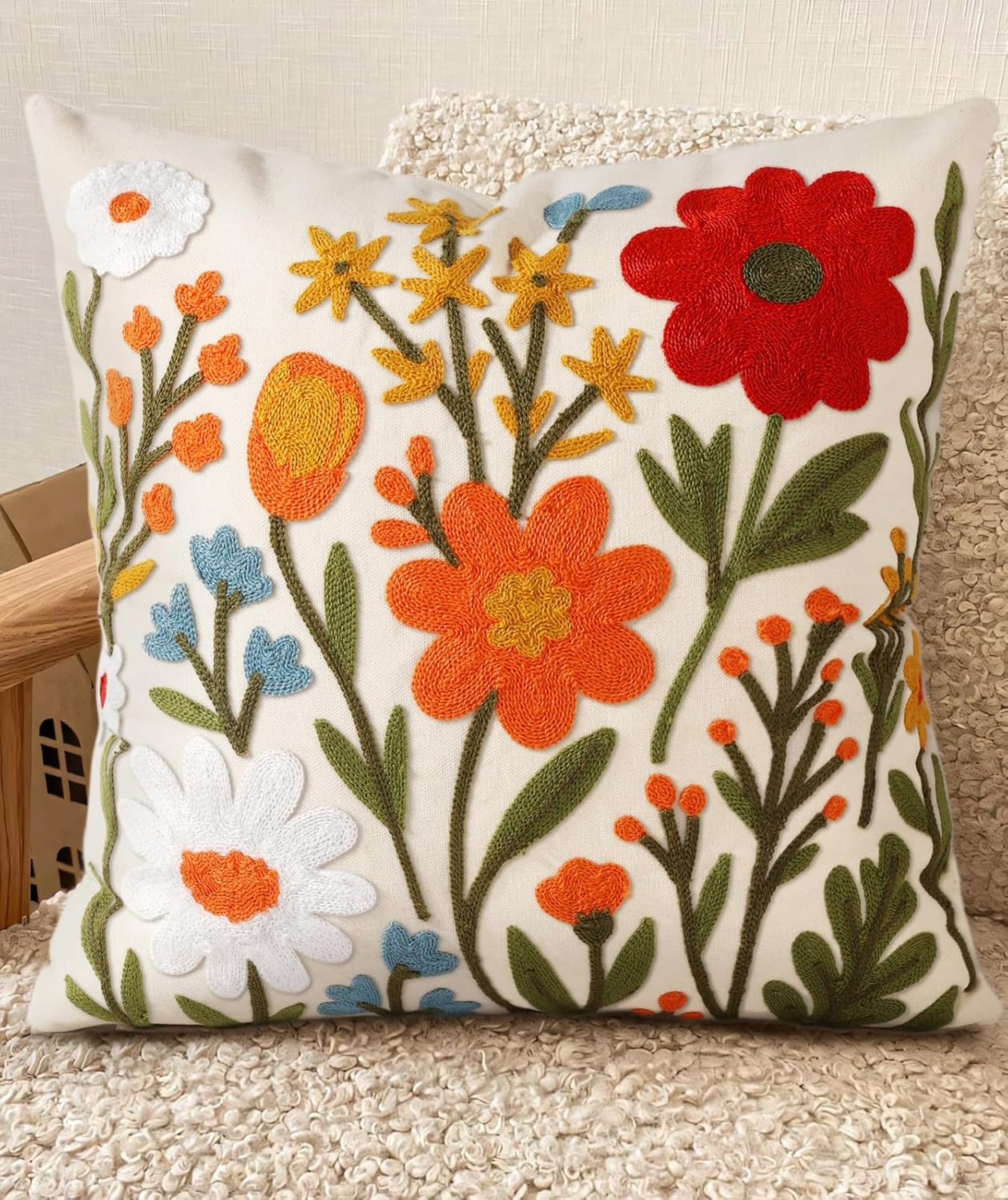 Kokaaee Embroidered Boho Flower Cluster Throw Pillow Cover 18x18 Inch Zippered Canvas Cushion Case for Sofa Bed Living Room Decor