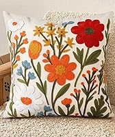 Kokaaee Embroidered Boho Flower Cluster Throw Pillow Cover 18x18 Inch Zippered Canvas Cushion Case for Sofa Bed Living Room Decor