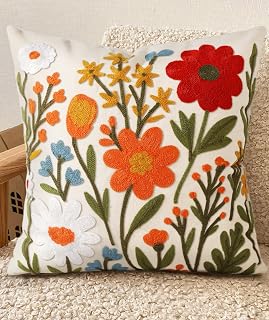 Kokaaee Embroidered Flower Cluster Throw Pillow Cover 18x18 Inch Boho Canvas Zipper Case for Sofa Bed Living Room